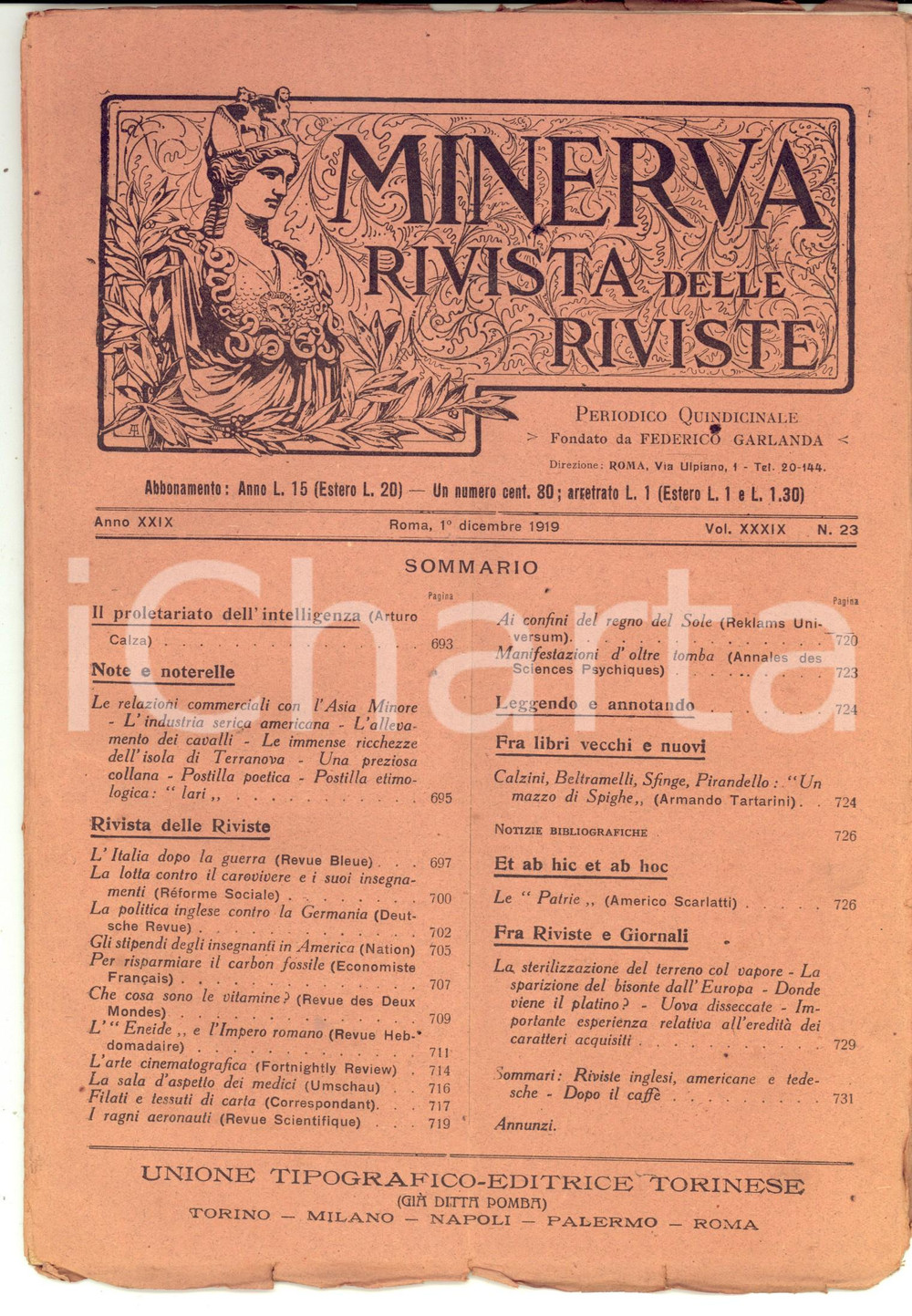 Giornale, rivista storica 1919 MINERVA Rivista delle Riviste  Il proletariato dell intelligenza nÂ° 23 1
