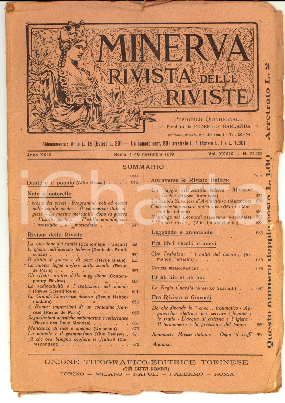 Giornale, rivista storica 1919 MINERVA Rivista delle Riviste  Igiene nell esercito tedesco nÂ°2122 1