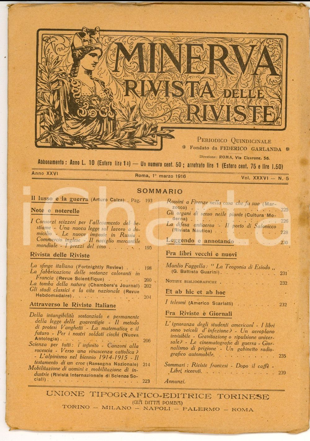 Giornale, rivista storica 1916 MINERVA Rivista delle Riviste  Il lusso e la guerra Anno XXVI nÂ° 5 1