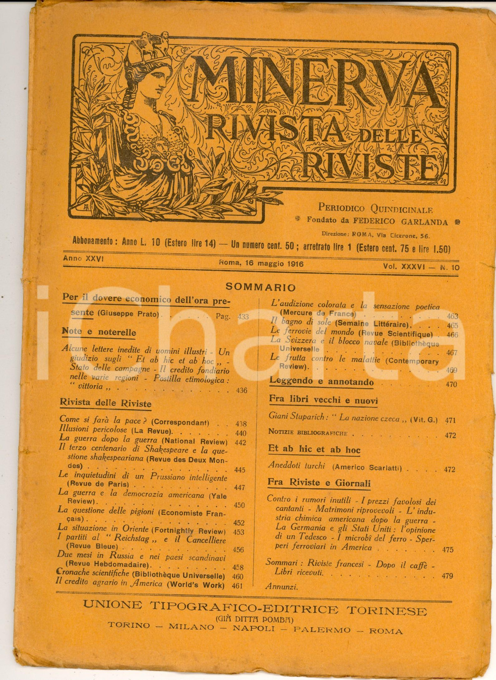 Giornale, rivista storica 1916 MINERVA Rivista delle Riviste  Svizzera e blocco navale Anno XXVI nÂ° 10 1