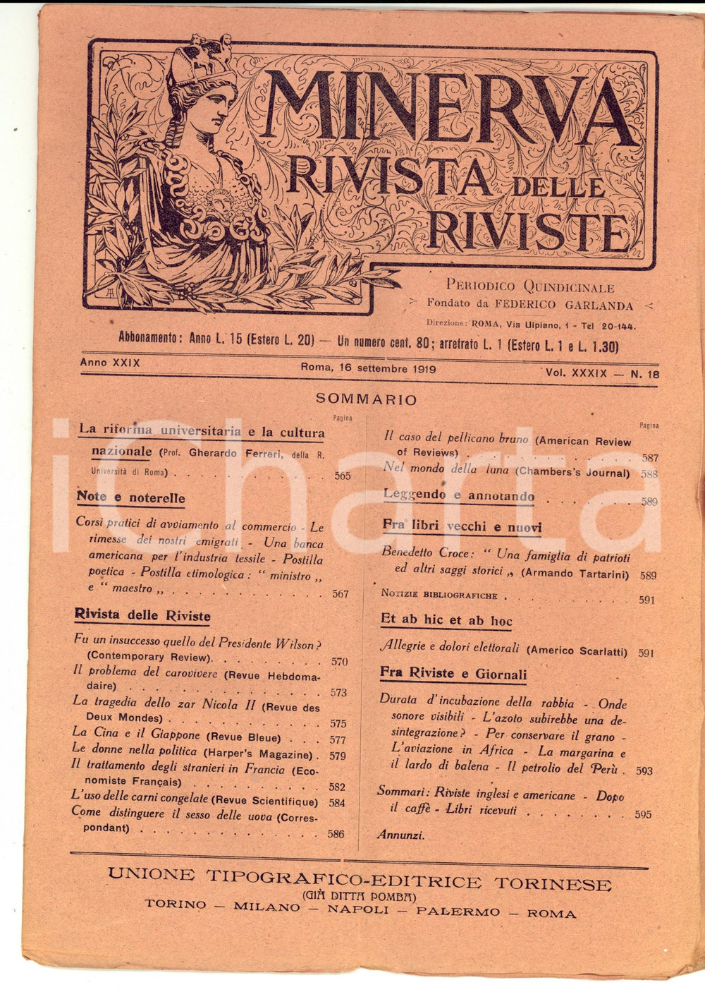 Giornale, rivista storica 1919 MINERVA Rivista delle Riviste  Le donne nella politica Anno XXIX nÂ° 18 1