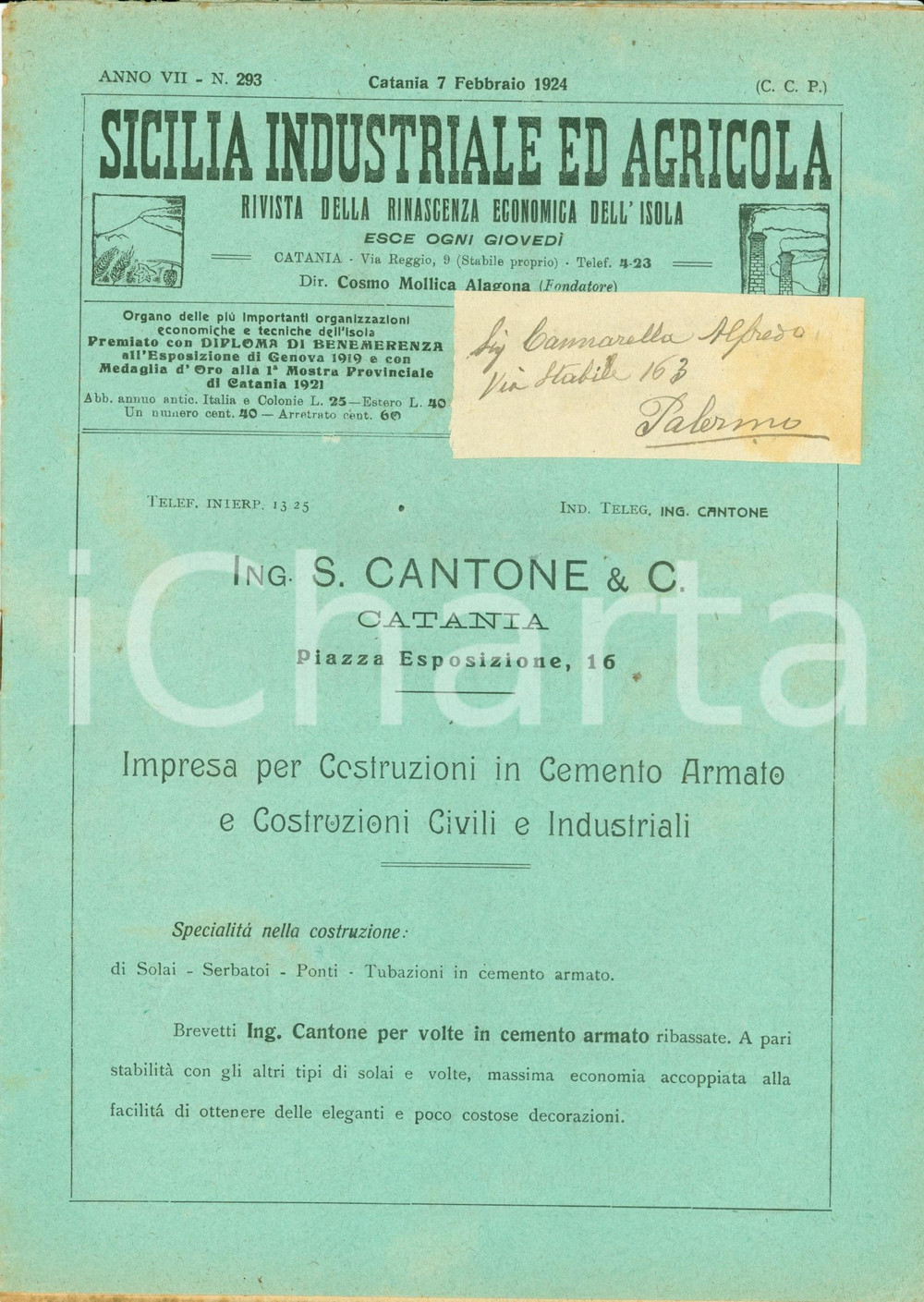 Giornale, rivista storica 1924 SICILIA INDUSTRIALE AGRICOLA Freddo improvviso e conservazione del vino 1