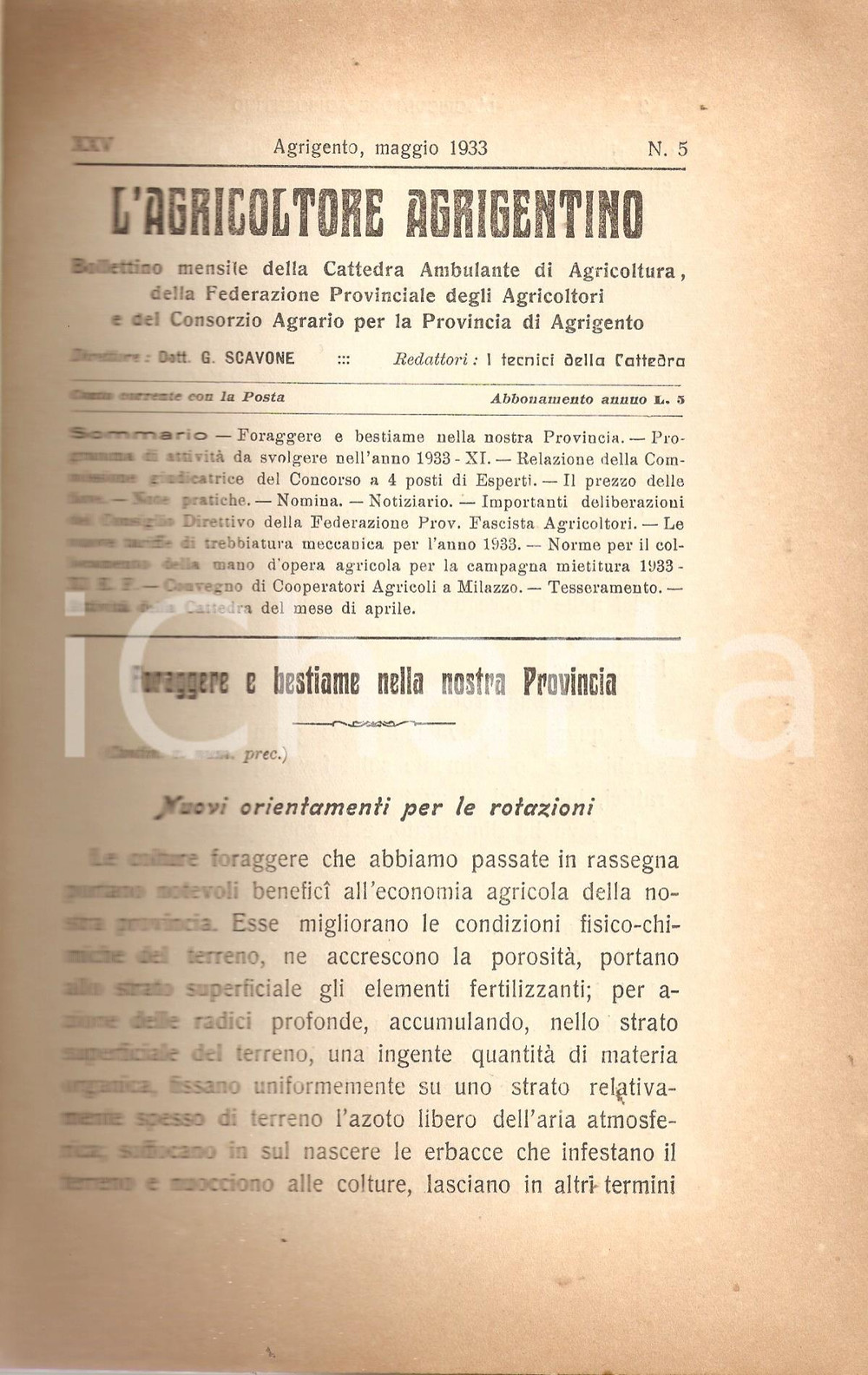 Giornale, rivista storica 1933 AGRICOLTORE AGRIGENTINO Foraggi e pascoli di montagna a MODICA Rivista 1
