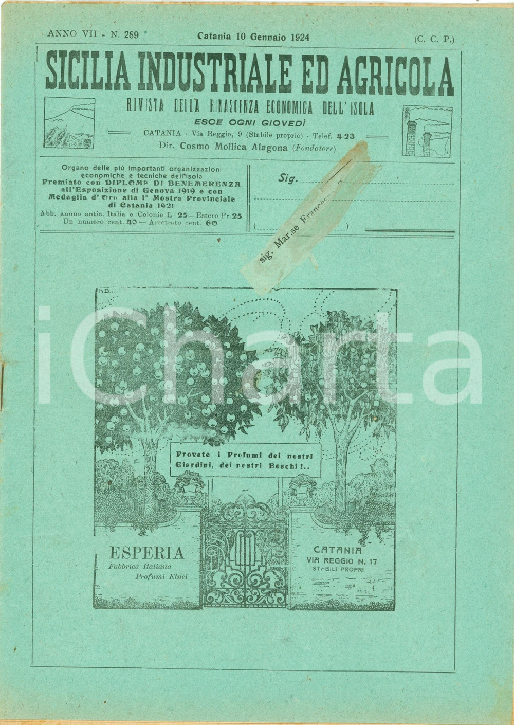 Giornale, rivista storica 1924 SICILIA INDUSTRIALE ED AGRICOLA Campi dimostrativi frumento CALTANISSETTA 1 1