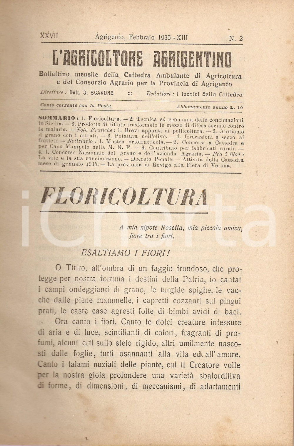 Giornale, rivista storica 1935 AGRICOLTORE AGRIGENTINO Olio automobili contro la malaria Rivista 1
