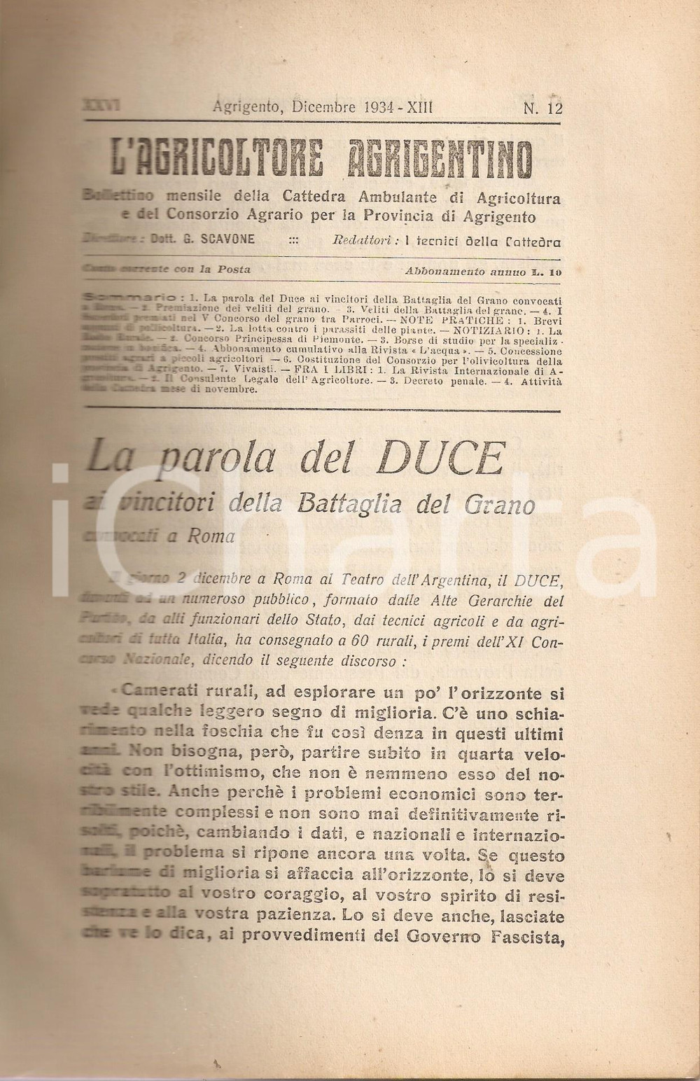 Giornale, rivista storica 1934 AGRICOLTORE AGRIGENTINO Discorso DUCE a vincitori Battaglia Grano 1