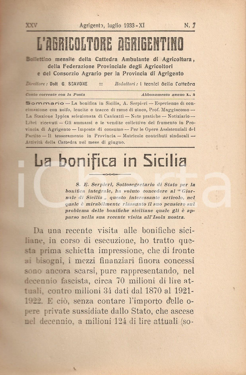 Giornale, rivista storica 1933 AGRIGENTO Agricoltore Agrigentino Arrigo SERPIERI su bonifica siciliana 1
