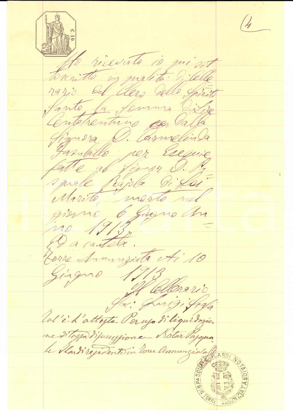 Documento originale, autentico 1913 TORRE ANNUNZIATA NA Funerali Pasquale RAJOLA presso chiesa SPIRITO SANTO 1