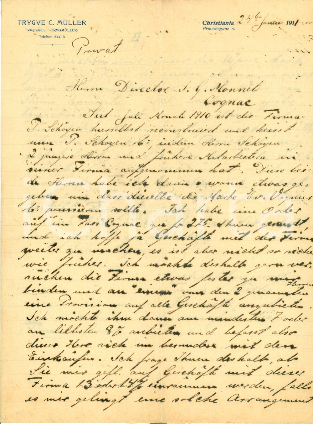 Documento originale, autentico 1911 CHRISTIANIA / OSLO Trygve MULLER commercia con ricostituita G. SCHOYEN 1
