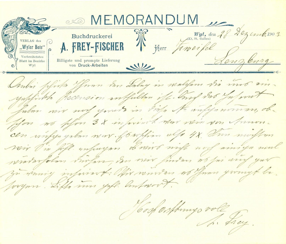 Autografo originale 1903 WIL  ST. GALLEN SWITZERLAND Buchdruckerei A. FREYFISCHER Autografo 1