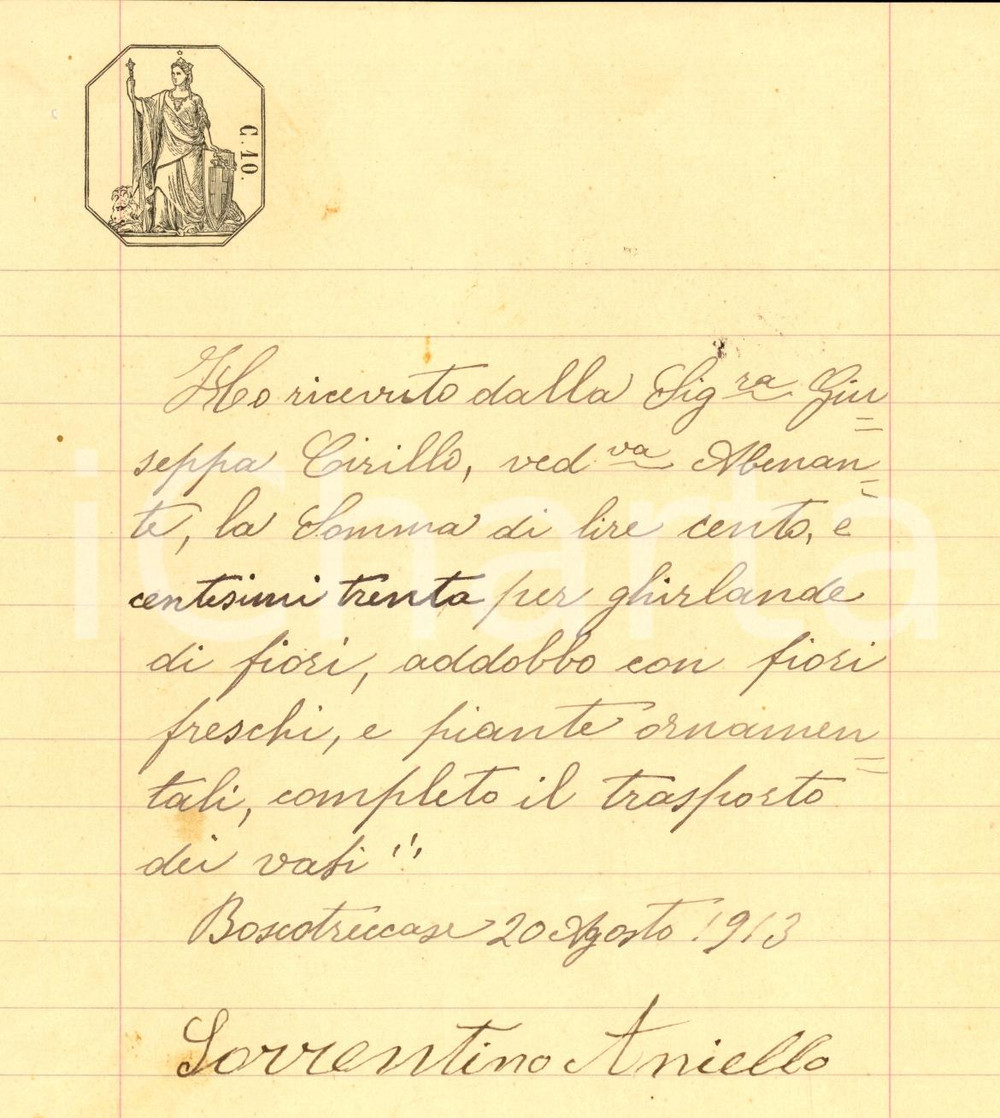 Documento originale, autentico 1913 BOSCOTRECASE NA Ghilande di fiori per funerali Orazio ABENANTE 1