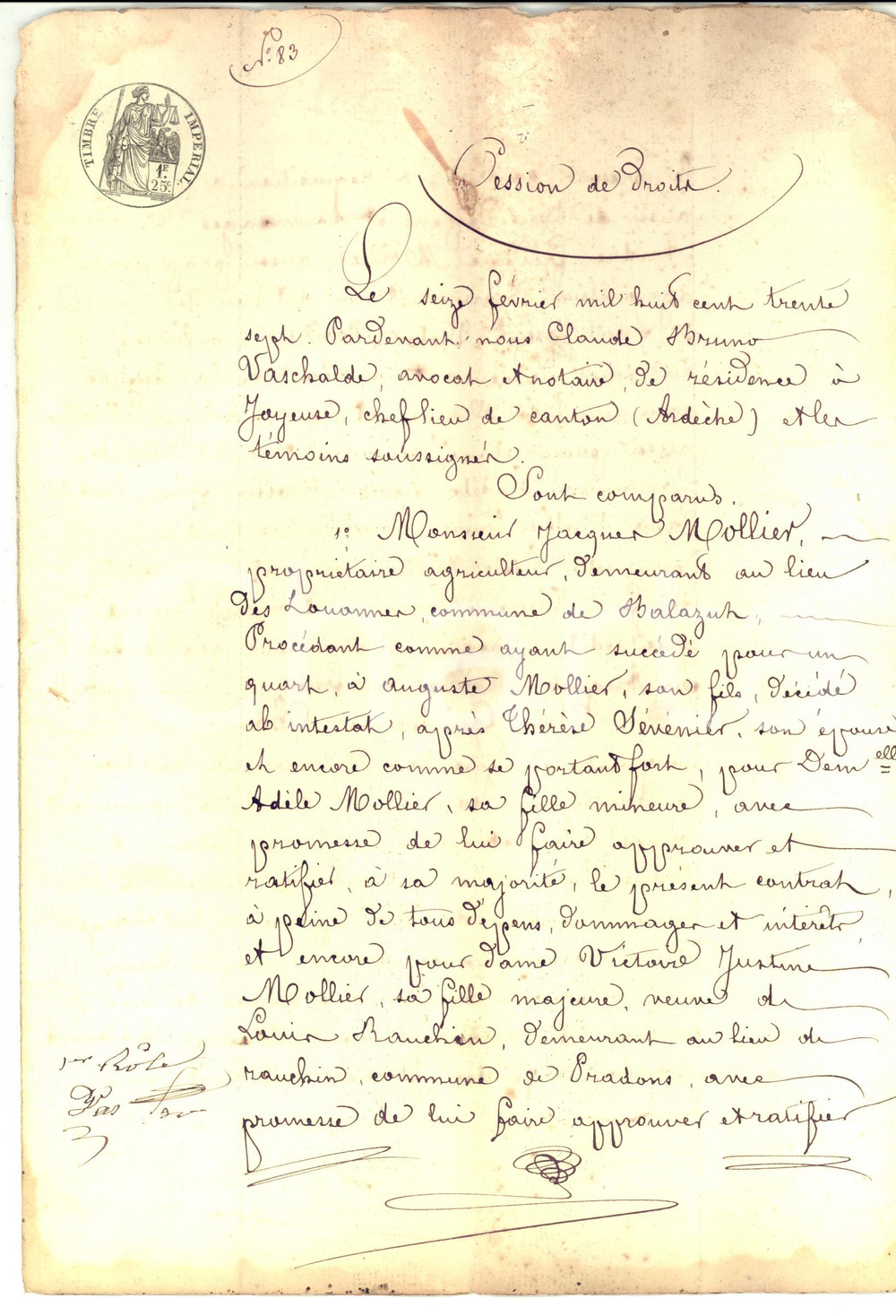 Documento originale, autentico 1837 JOYEUSE F Cessione diritti ereditari a Victor SEVENIER Manoscritto 1