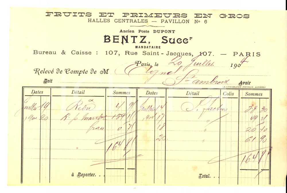 Documento originale, autentico 1904 PARIS BENTZ Successeurs  Fruits et primeurs en gros  HALLES centrales 1