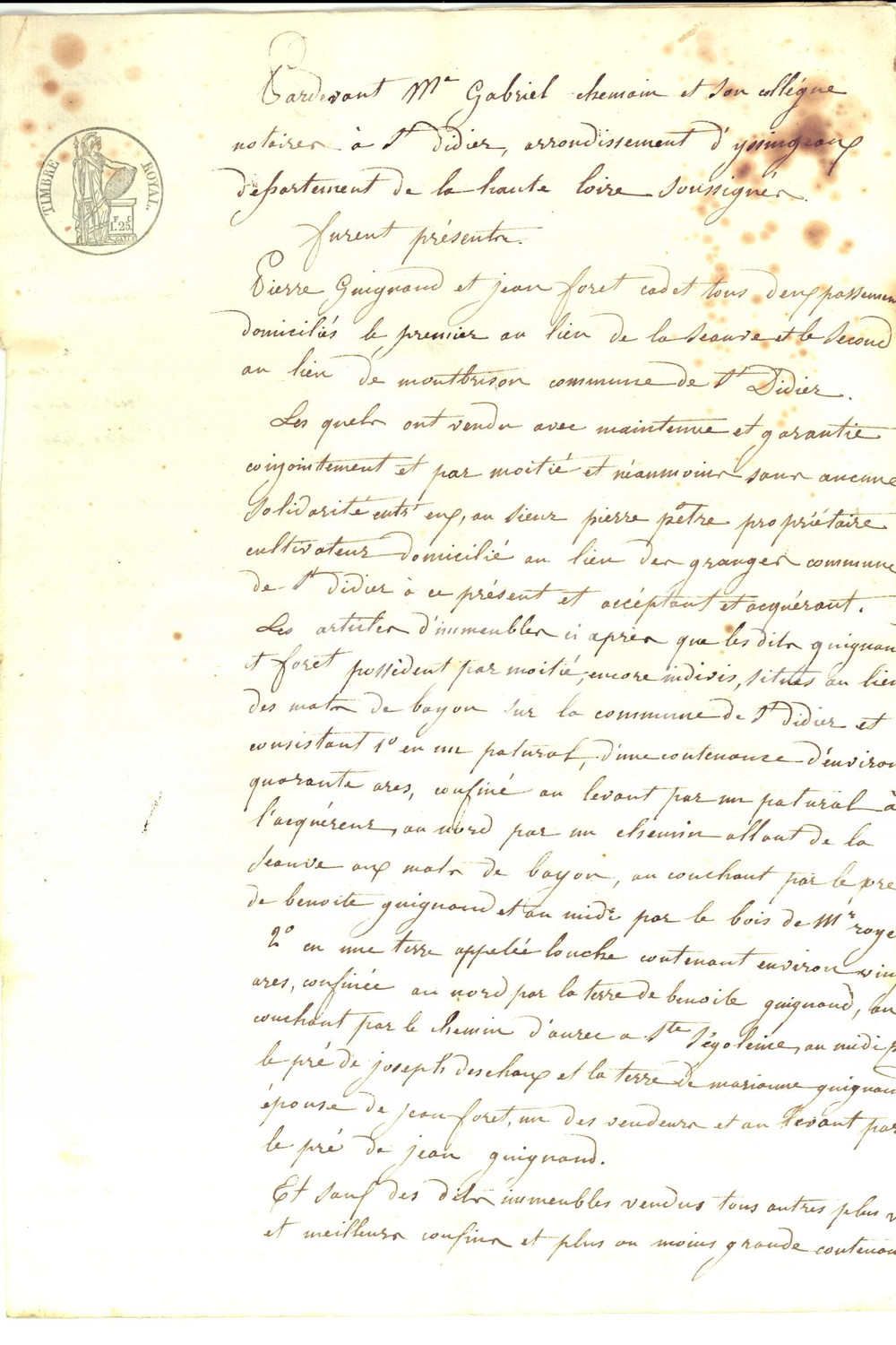 1842 SAINT-DIDIER-EN-VELAY (F) Vente Pierre GUIGNAUD e Jean FORET à Pierre PETRE