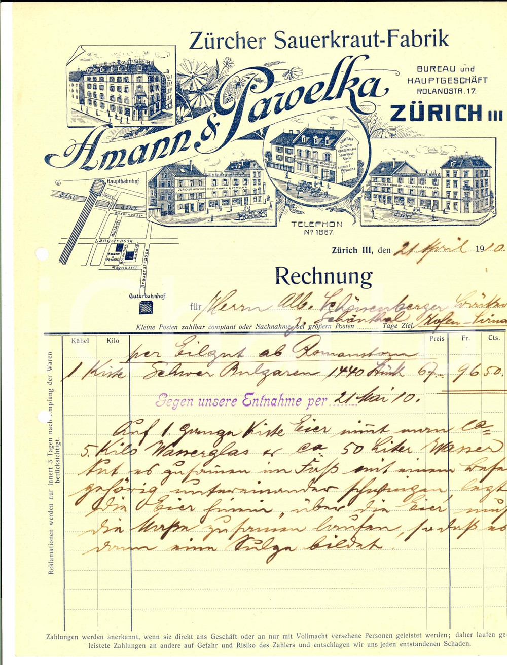 Documento originale, autentico 1910 ZURICH CH SauerkrautFabrik AMANN & PAWELKA Fattura pubblicitaria 1