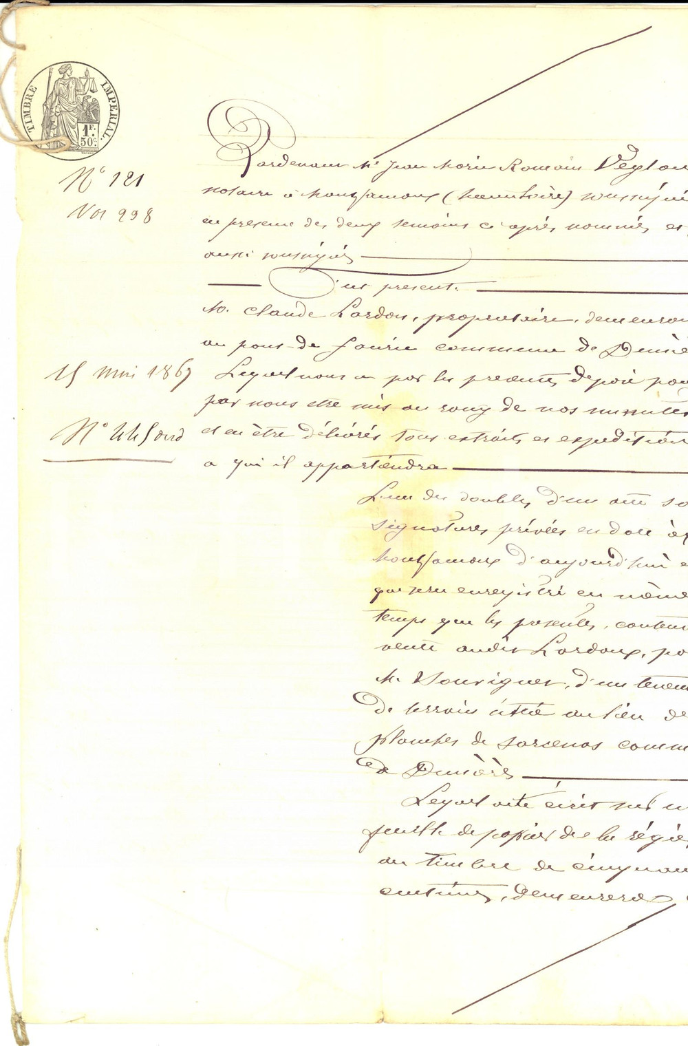 Documento originale, autentico 1867 DUNIERES LOIRE Claude LARDON achÃ¨te terre de FranÃ§ois Augustin SOUVIGNET 1