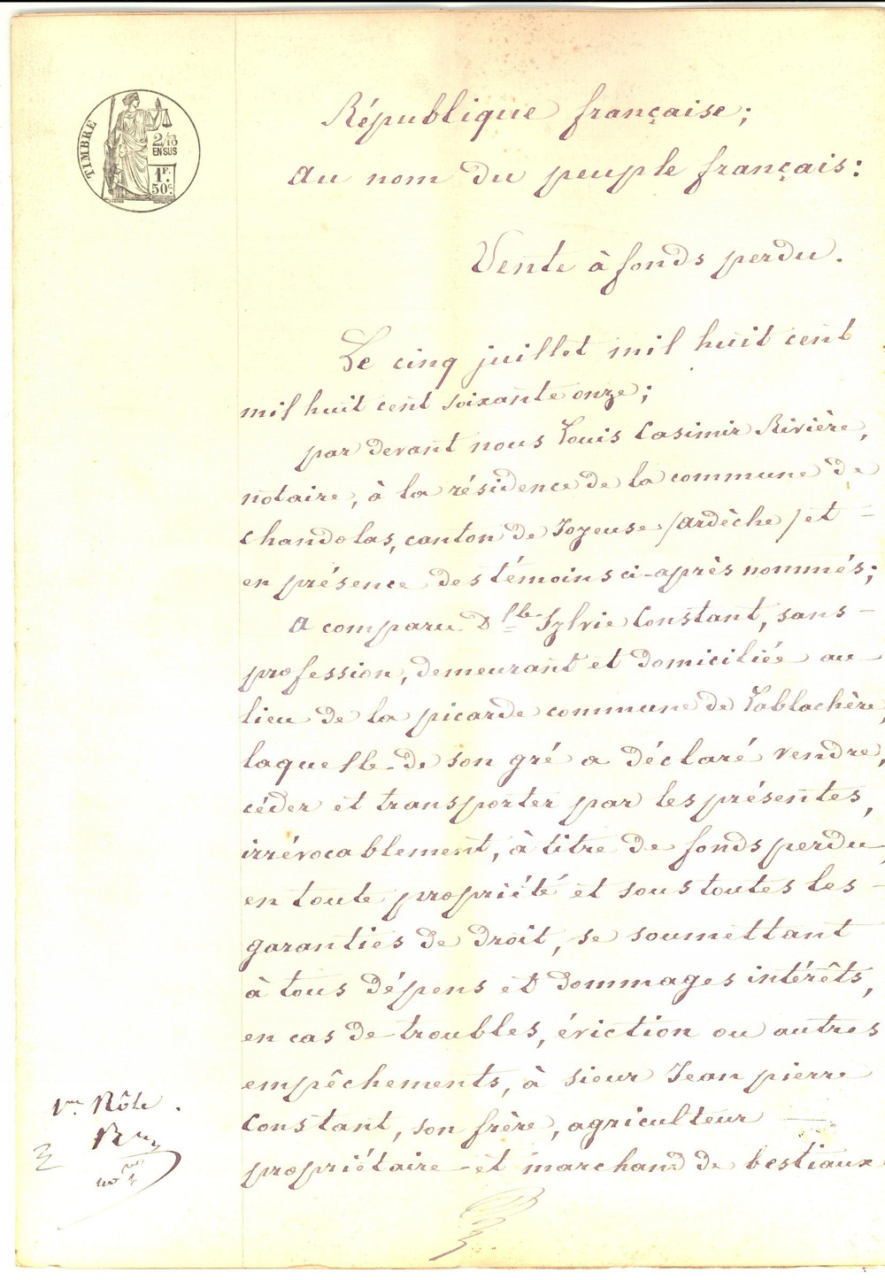 Documento originale, autentico 1871 LABLACHERE F Vendita a fondo perduto tra Sylvie CONSTANT e il fratello 1