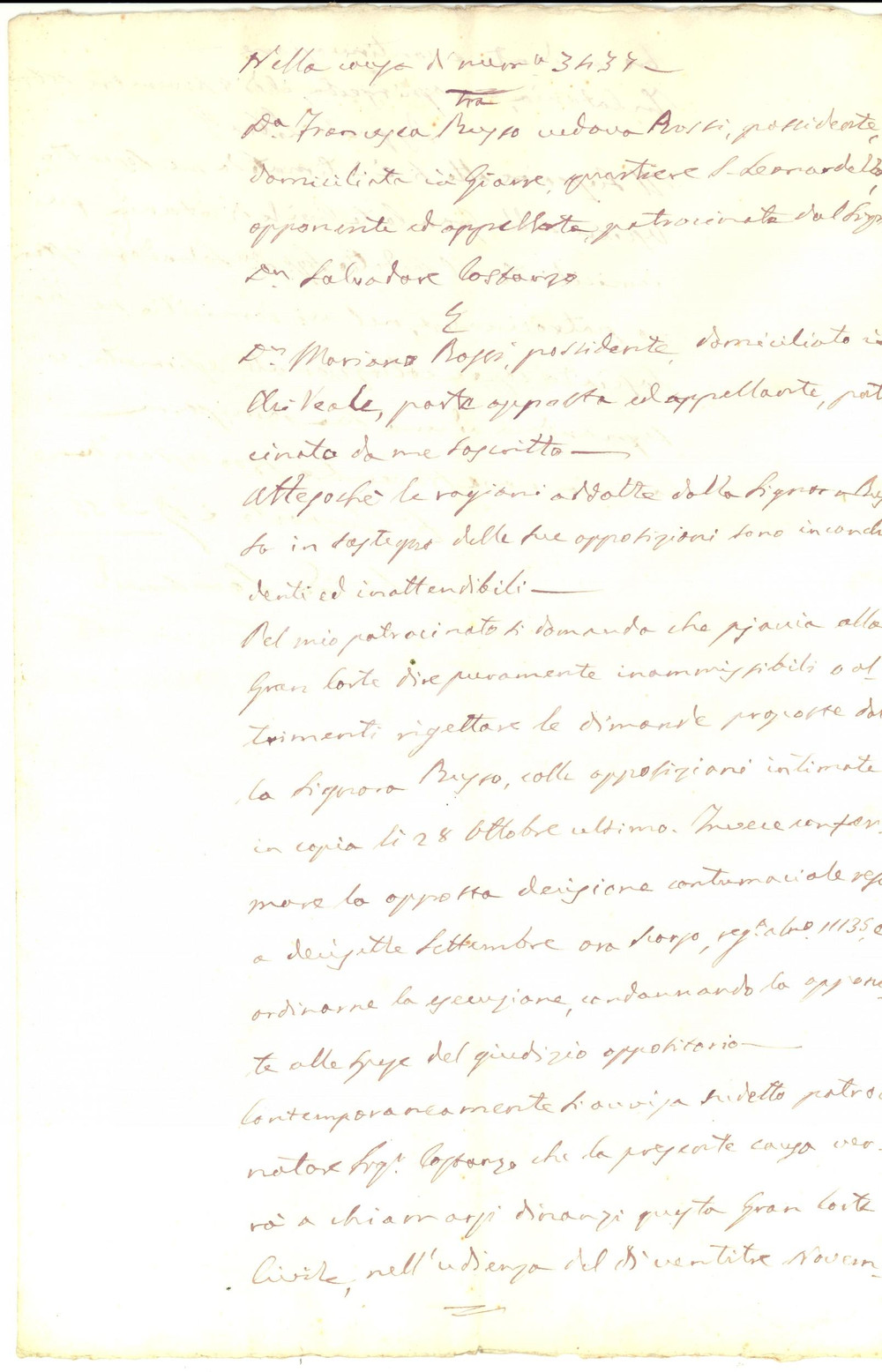 Documento originale, autentico 1861 ACIREALE CT Lite Francesca RUSSO vs cognato Mariano ROSSI Manoscritto 1
