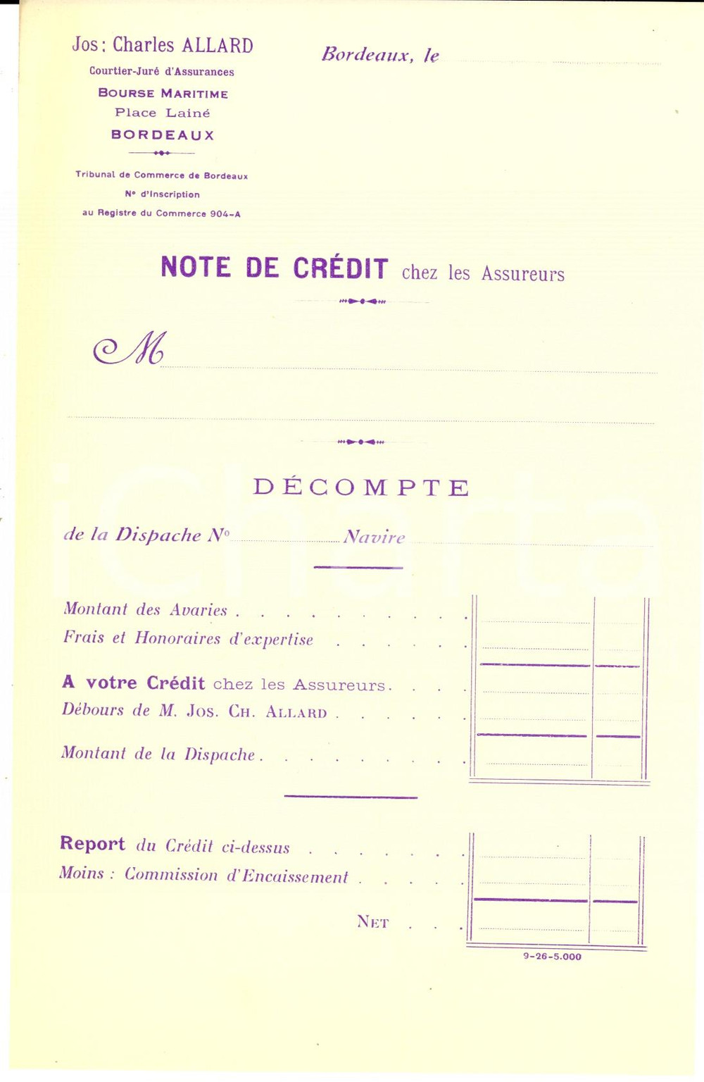 Documento originale, autentico 1920 BORDEAUX F Joseph Charle ALLARD Bourse MARITIME Place LainÃ© 1