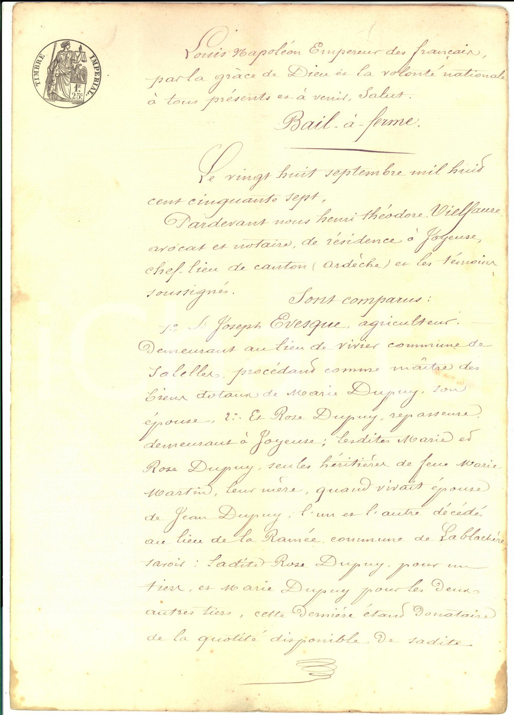 Documento originale, autentico 1857 LABLACHERE F Bail Ã  ferme Rose DUPUY  Joseph ROUGEIRON VersÃ soie 1