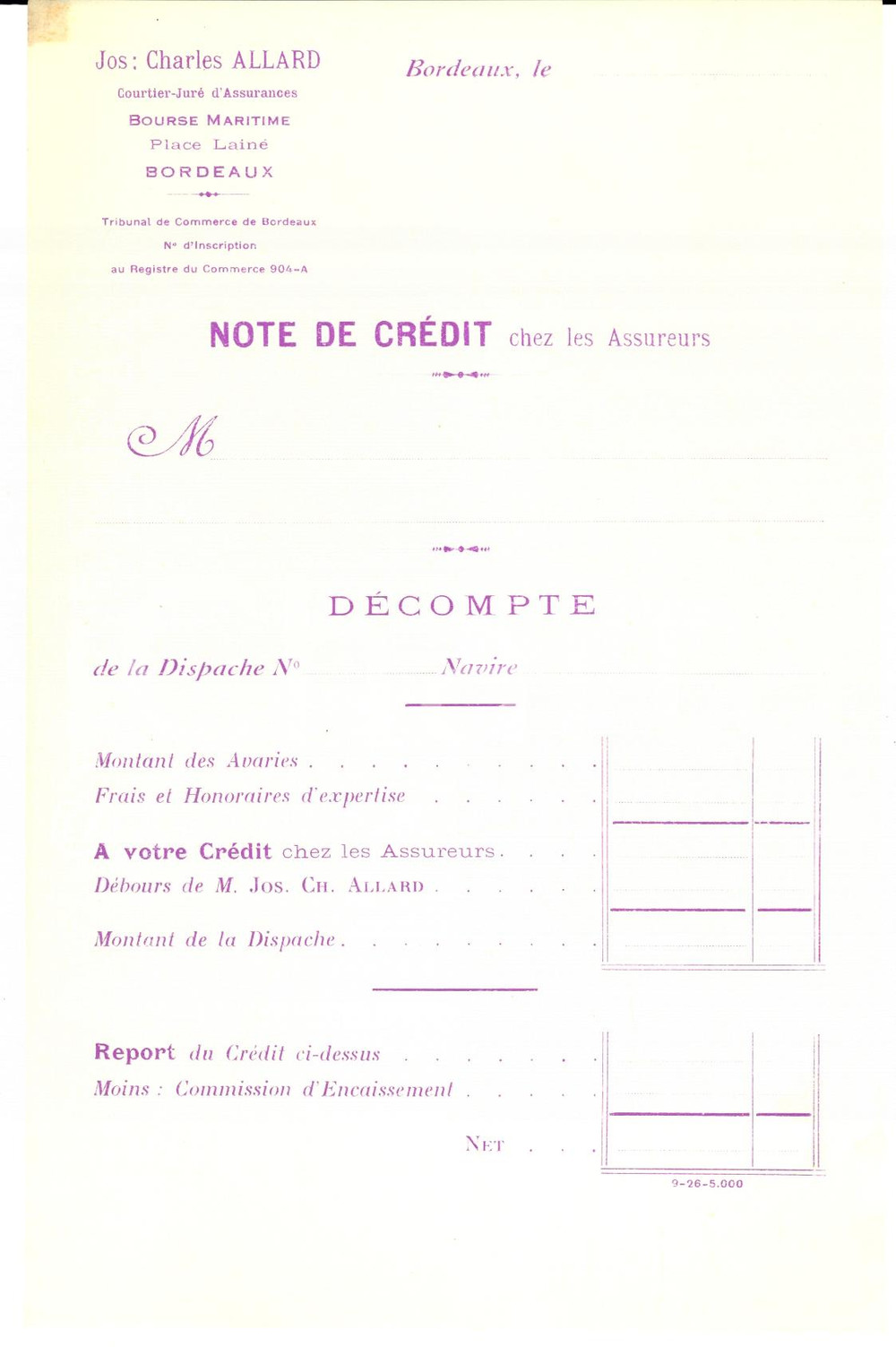 Documento originale, autentico 1920 BORDEAUX F Joseph Charle ALLARD Bourse Maritime CrÃ©dit chez assureurs 1