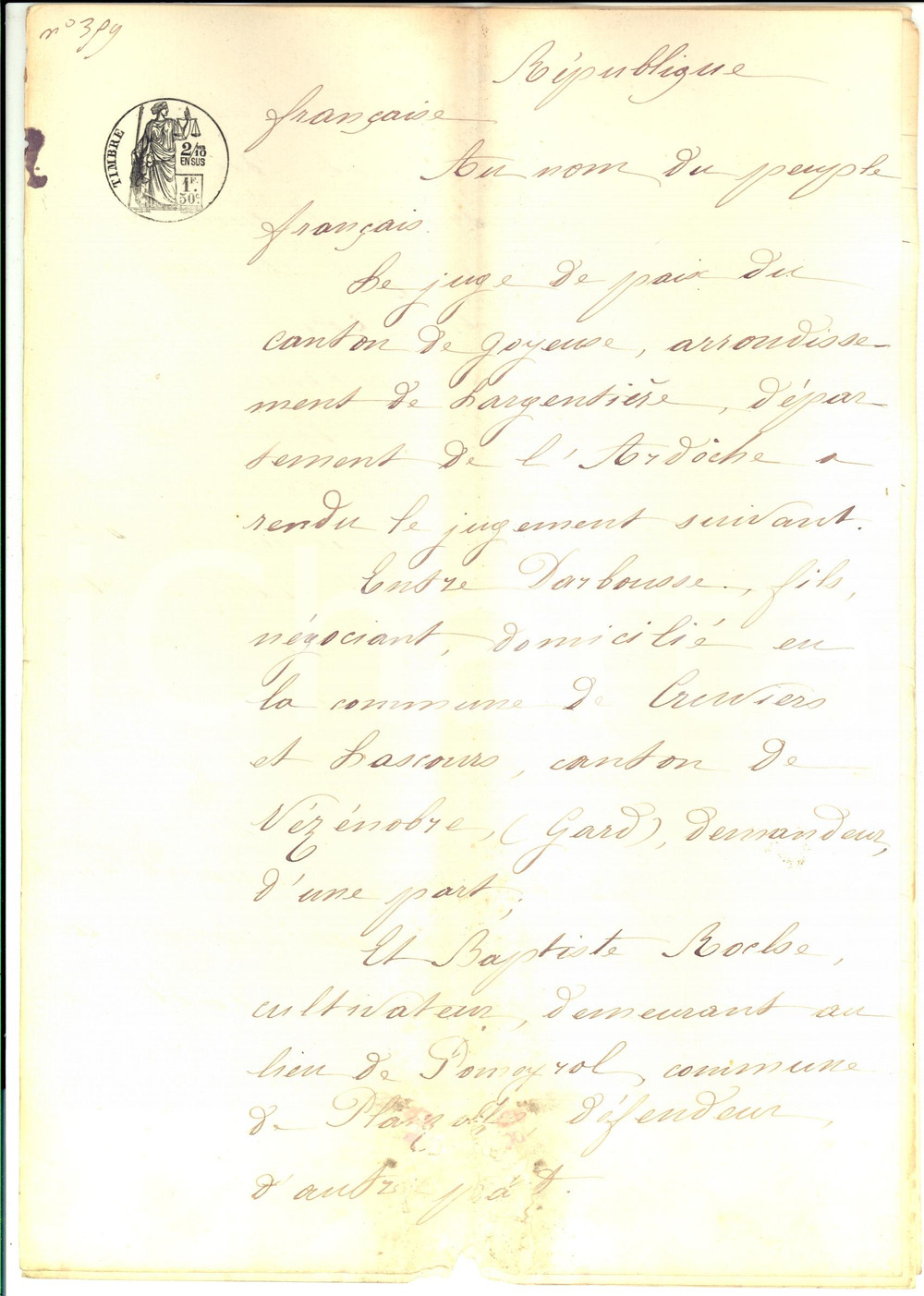 Documento originale, autentico 1874 LARGENTIERE F Marchant DARBOUSSE contre dÃ©biteur Baptiste ROCHE 1