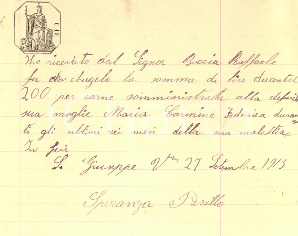 Documento originale, autentico 1913 SAN GIUSEPPE VESUVIANO NA Carne per la malata Maria Federica BOCCIA 1