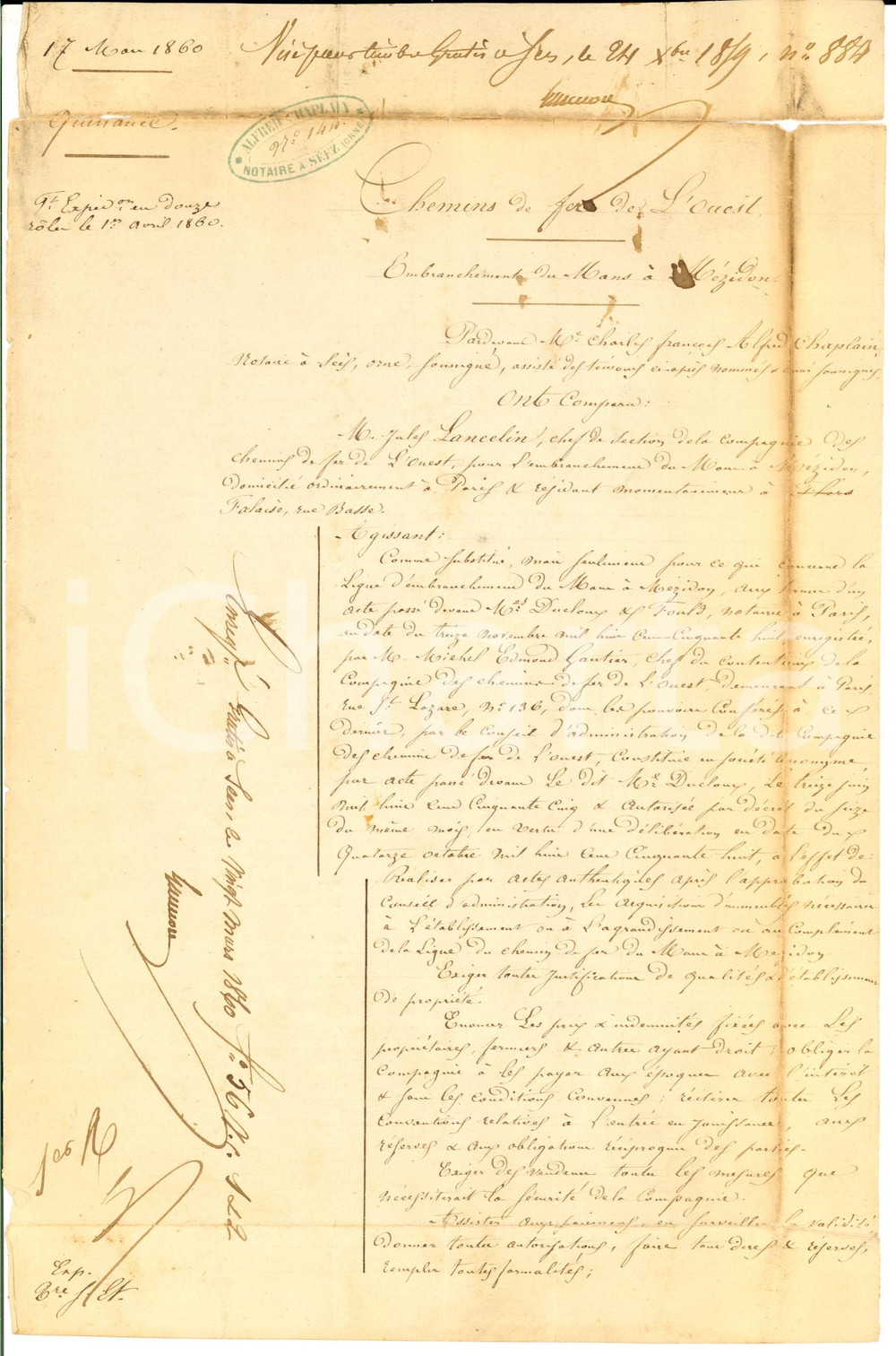 Documento originale, autentico 1860 SEES F Louis DESAUNEY pretre vend terre aux CHEMINS DE FER DE L OUEST 1