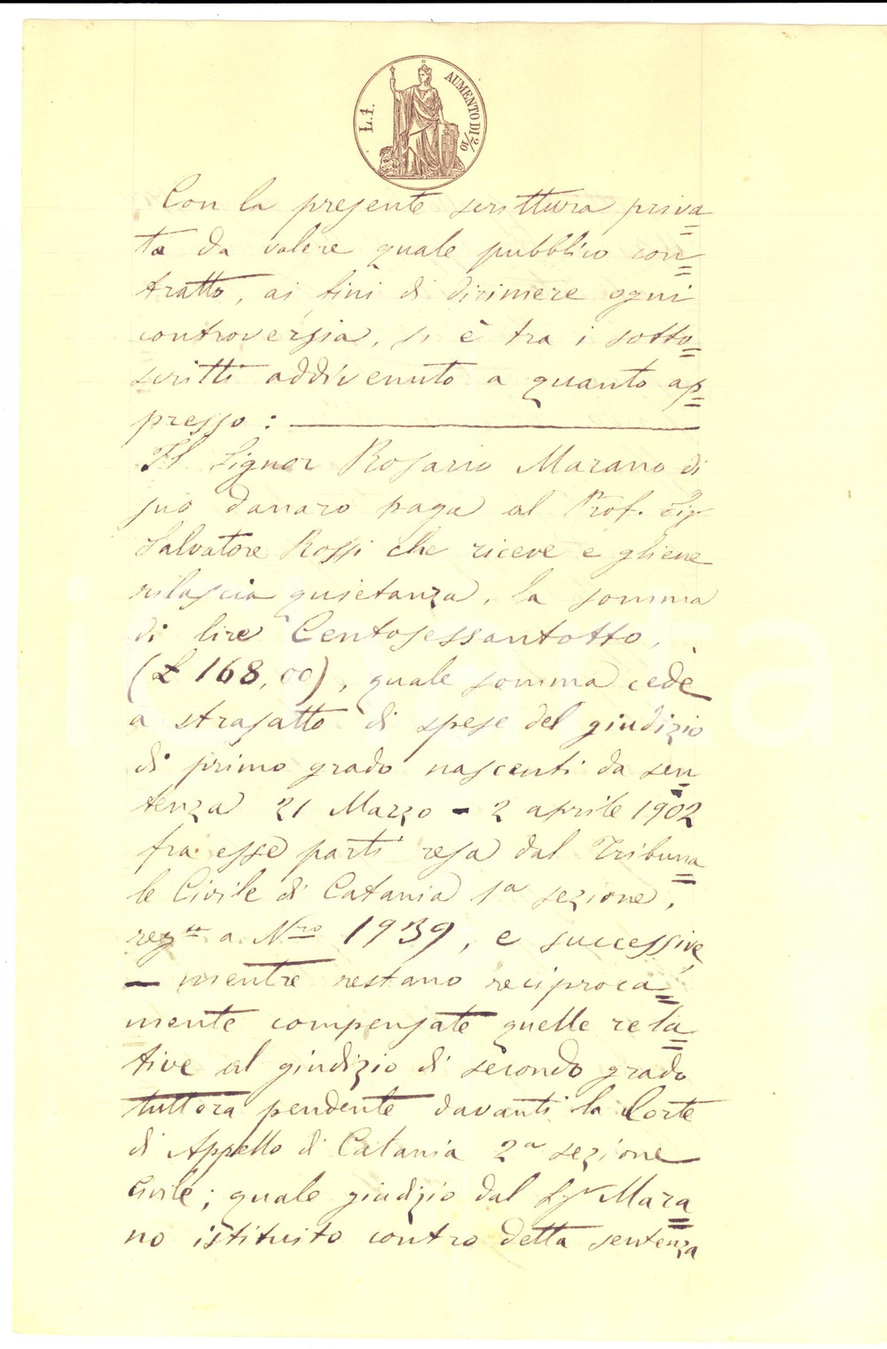 Documento originale, autentico 1903 ACIREALE CT Rosario MARANO salda spese processuali prof. Salvatore ROSSI 1