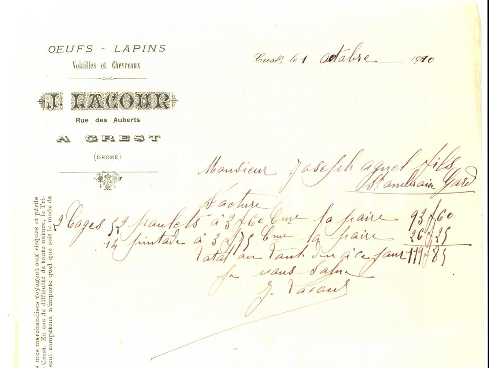 Documento originale, autentico 1910 CREST Drome, FRANCE J. LACOUR Lapins, volailles et chevreaux Lettre 1