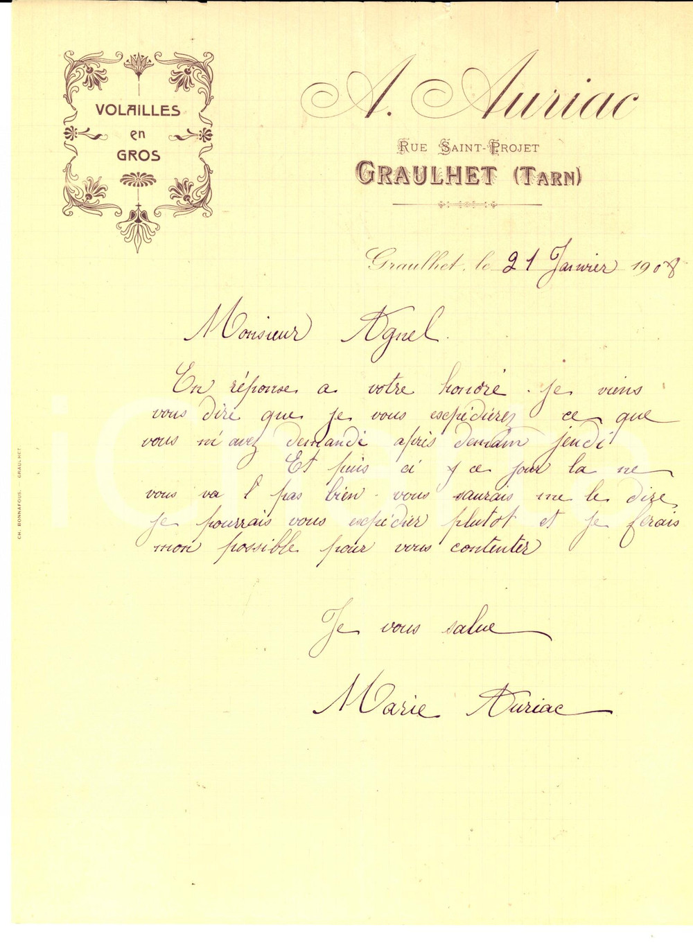 Documento originale, autentico 1908 GRAUHLET France A. AURIAC Volailles en gros Lettre commerciale 1