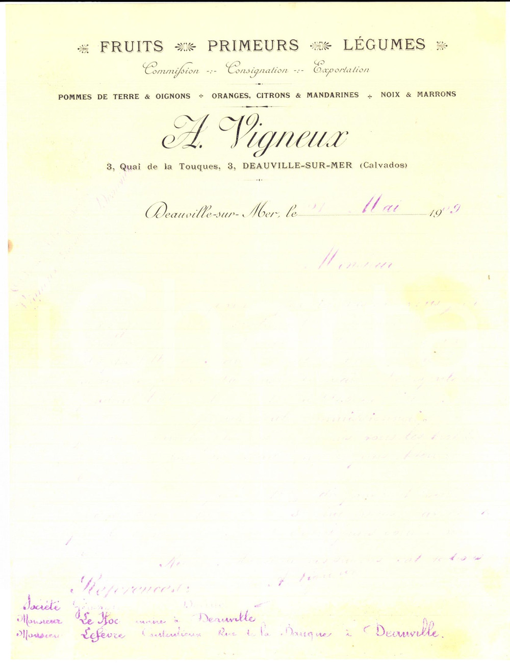Documento originale, autentico 1909 DEAUVILLESURMER FRANCE A. VIGNEUX Fruits, primeurs et lÃ©gumes Lettre 1