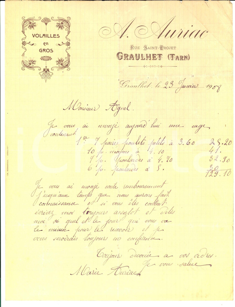 Documento originale, autentico 1908 GRAUHLET Tarn, FRANCE A. AURIAC Volailles en gros Lettre commerciale 1