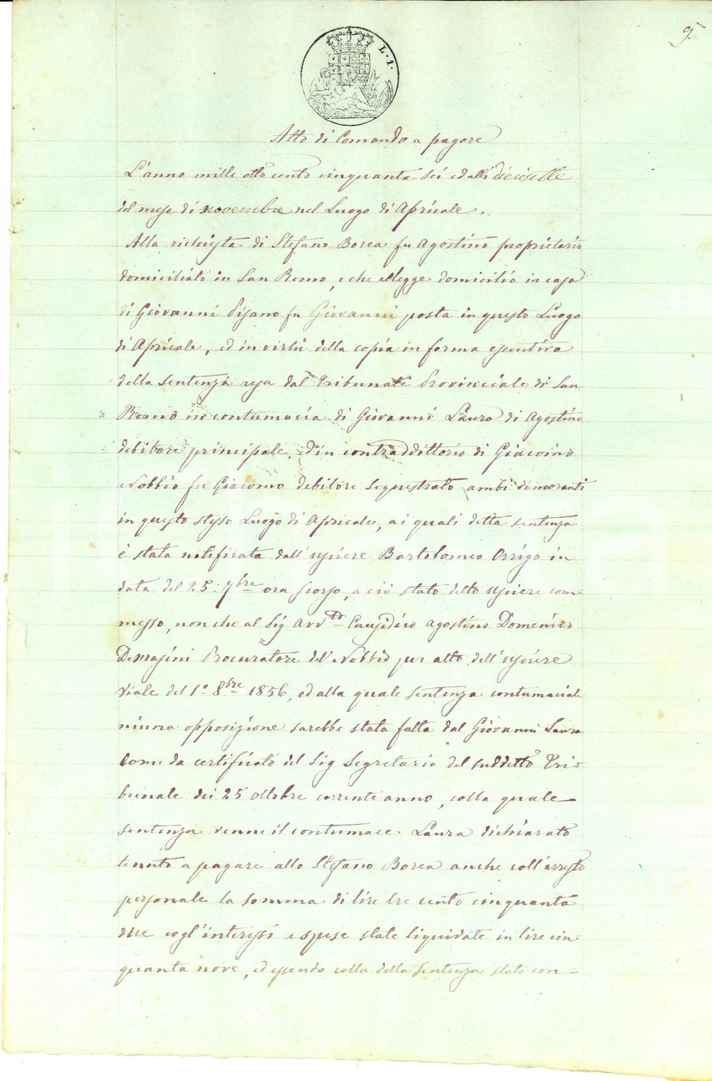 Documento originale, autentico 1856 APRICALE IM GIOVANNI LAURA debitore minacciato dell arresto 1