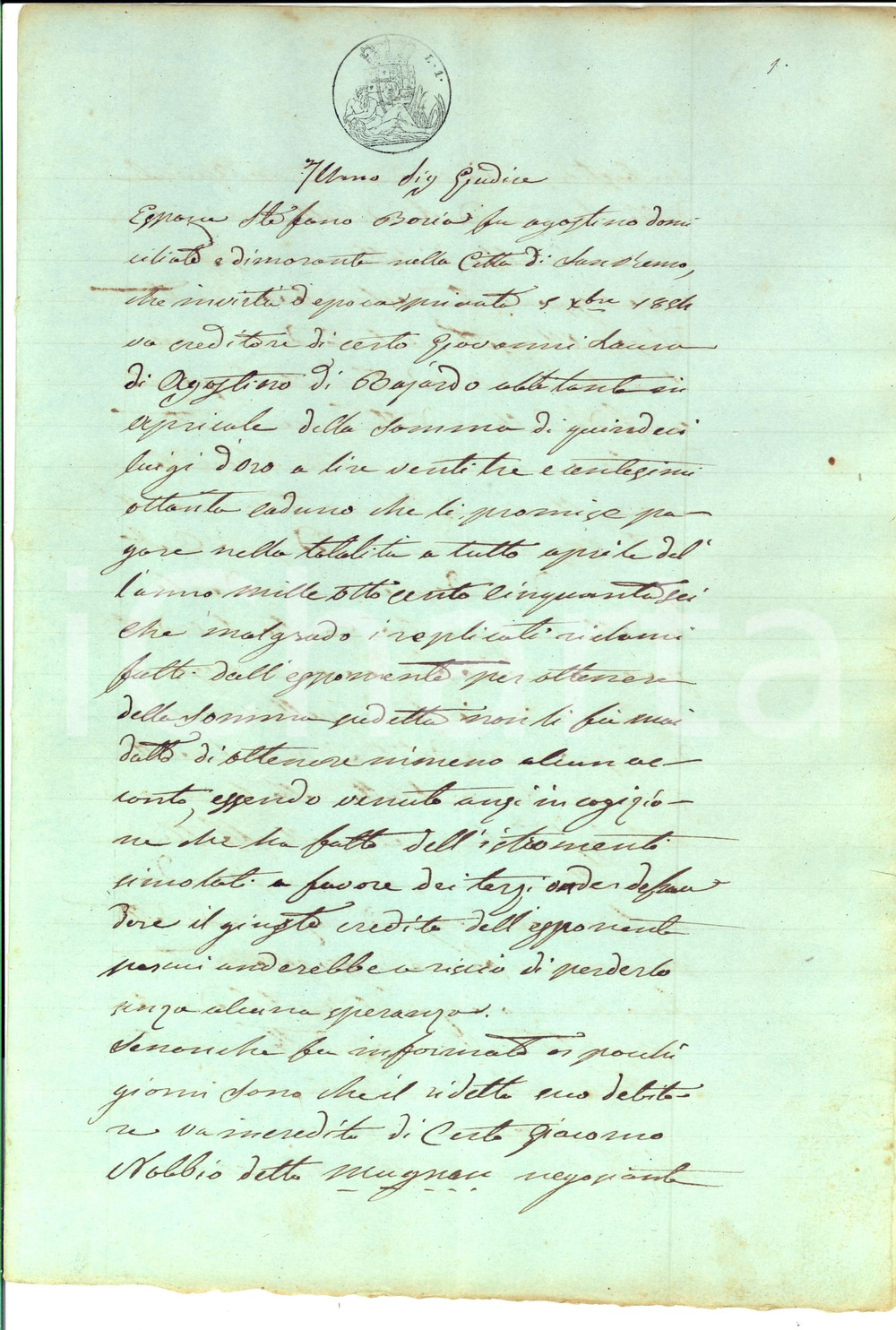 Documento originale, autentico 1856 SANREMO IM Stefano BOREA non ottiene nemmeno un acconto sui crediti 1