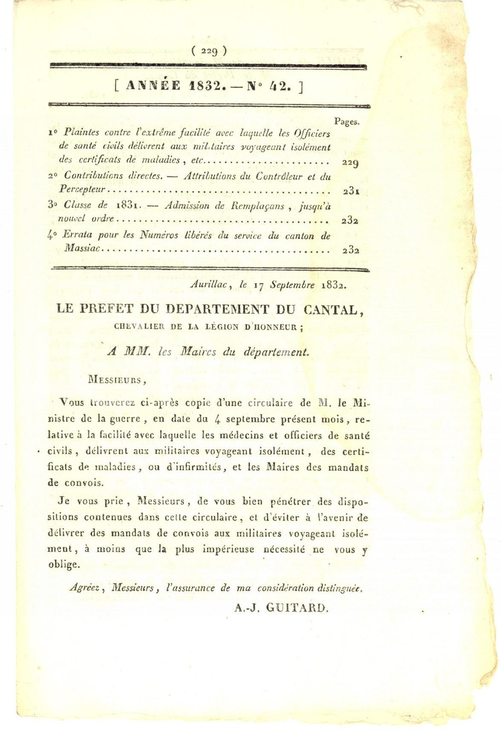 Giornale, rivista storica 1832 AURILLAC F JOURNAL D ANNONCES nÂ° 42 Faux certificats maladie aux soldats 1