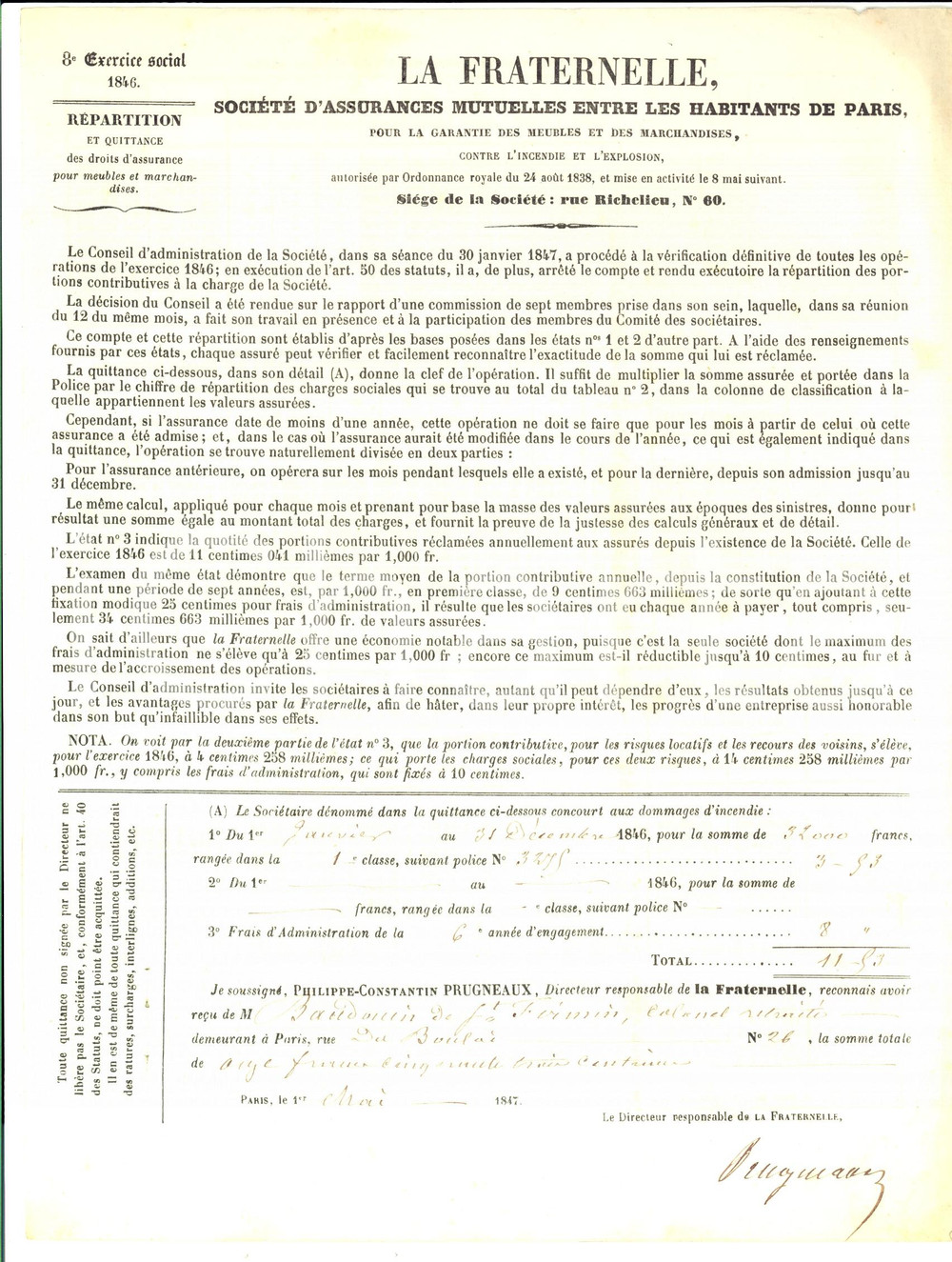 Documento originale, autentico 1847 PARIS Assicurations LA FRATERNELLE Autographe PhilippeConstantin PRUGNEAUX 1