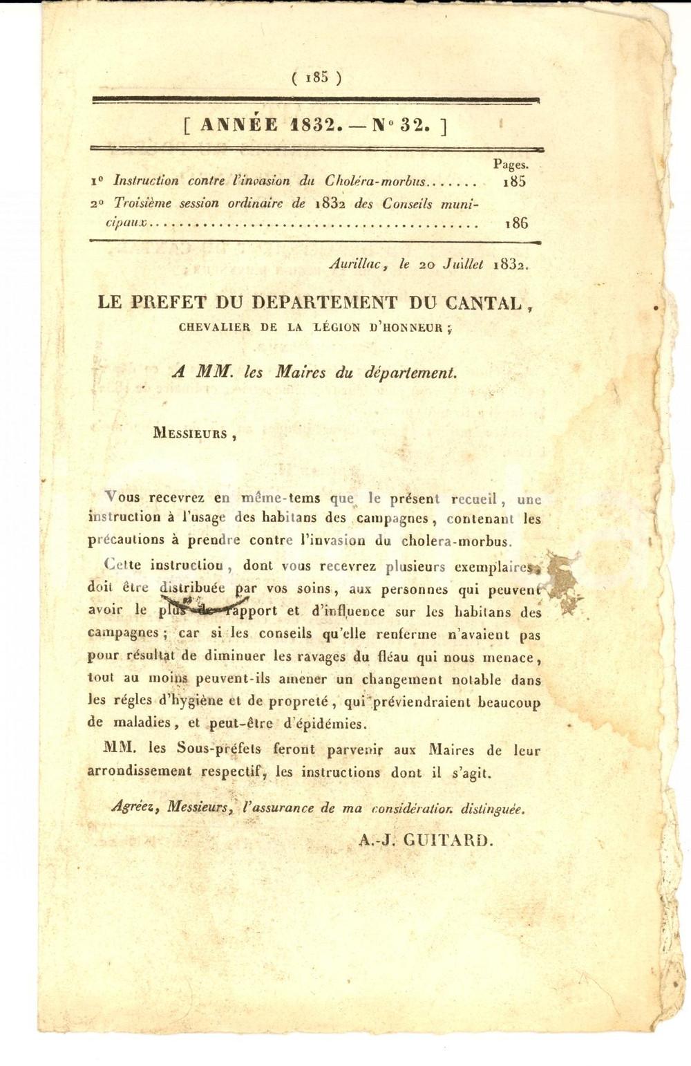 Giornale, rivista storica 1832 AURILLAC F JOURNAL D ANNONCES nÂ° 32 Contre le cholÃ©ra dans les campagnes 1