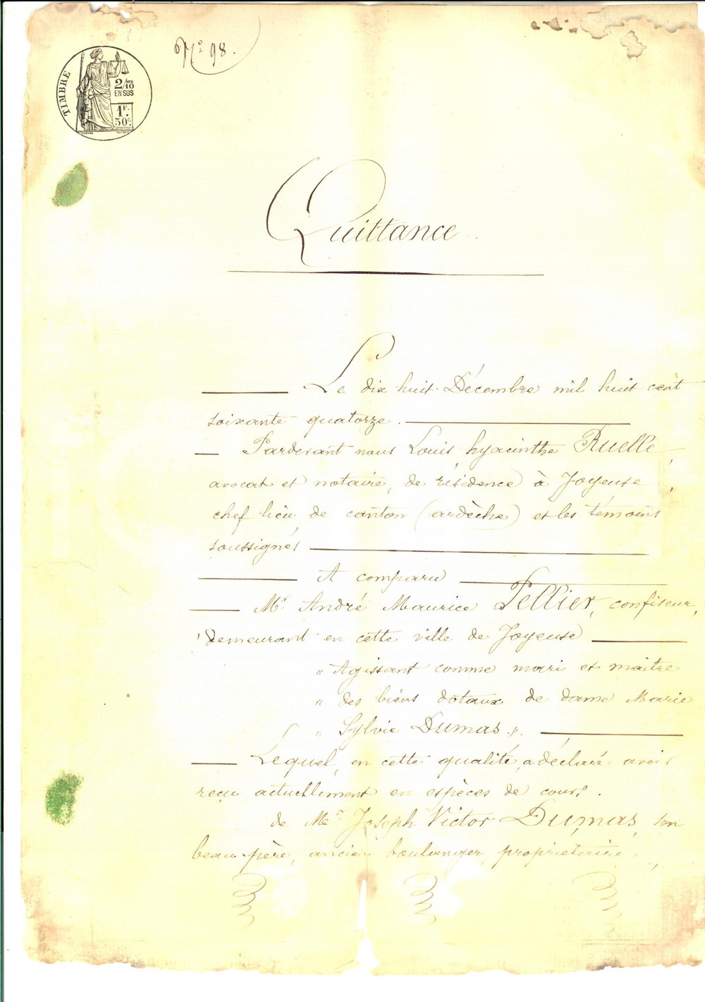Documento originale, autentico 1874 JOYEUSE F AndrÃ© PELLIER riceve dote della moglie Marie Sylvie DUMAS 1
