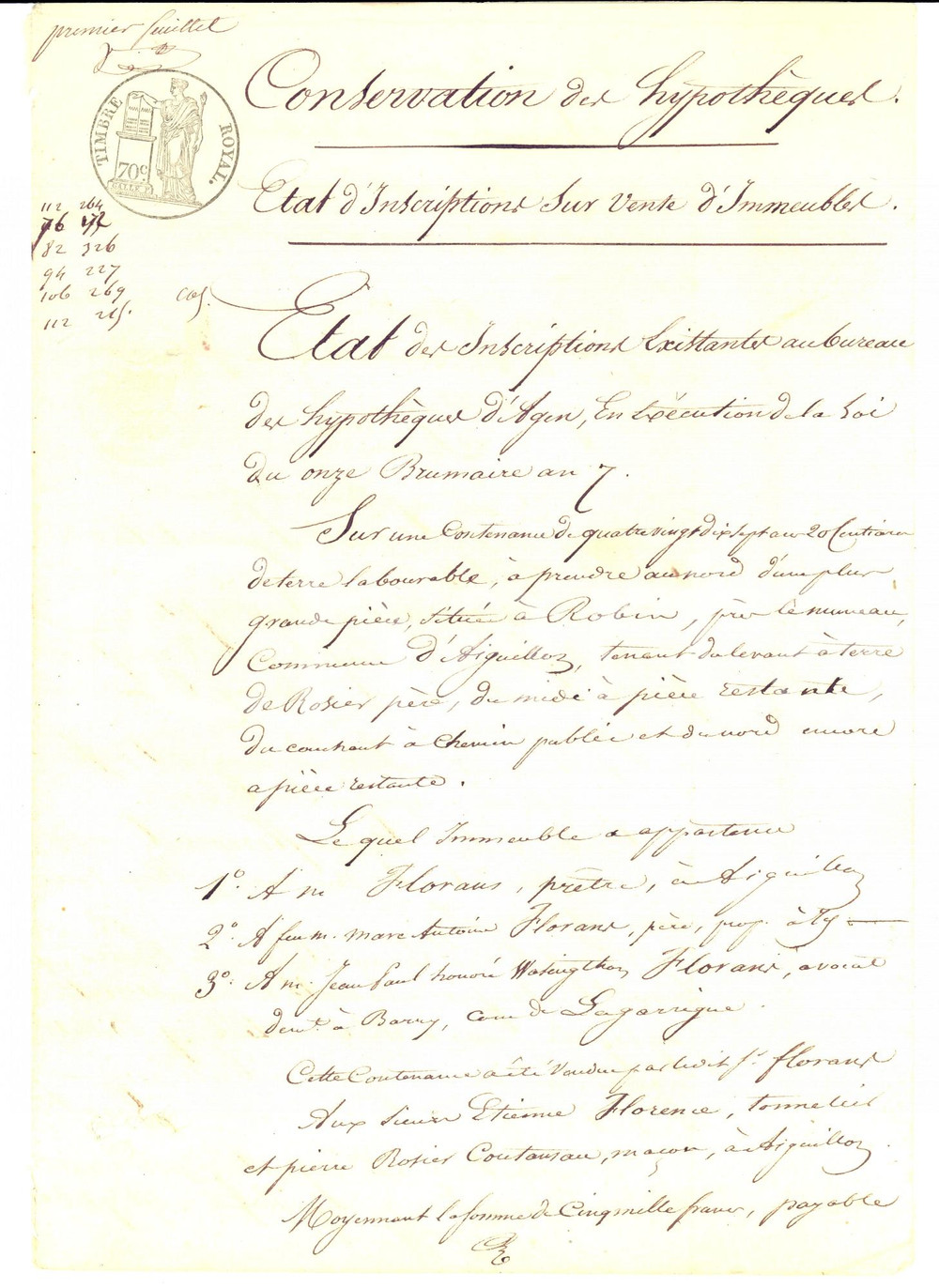 Documento originale, autentico 1843 AIGUILLON Garonne Terre labourable vendue Ã  Etienne FLORANS 1