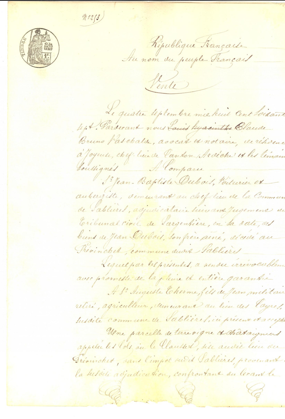 Documento originale, autentico 1867 JOYEUSE F Jean Baptiste DUBOIS vende vigna e castagneto ad Auguste THERME 1