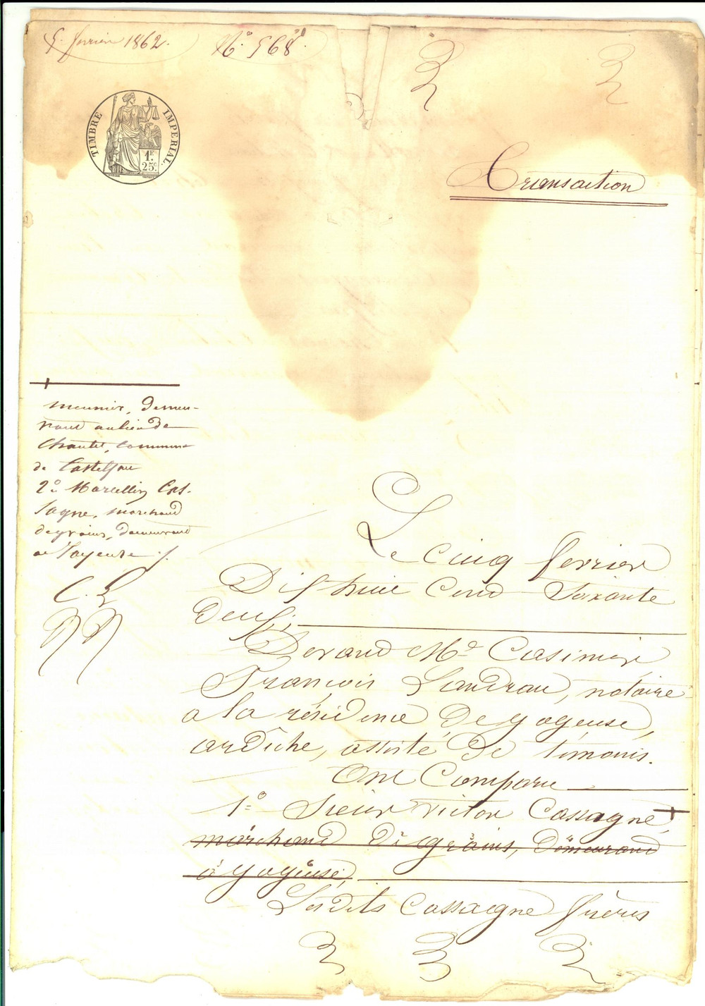 Documento originale, autentico 1862 JOYEUSE F Transazione sui beni del defunto Joseph CHIBOU Manoscritto 1