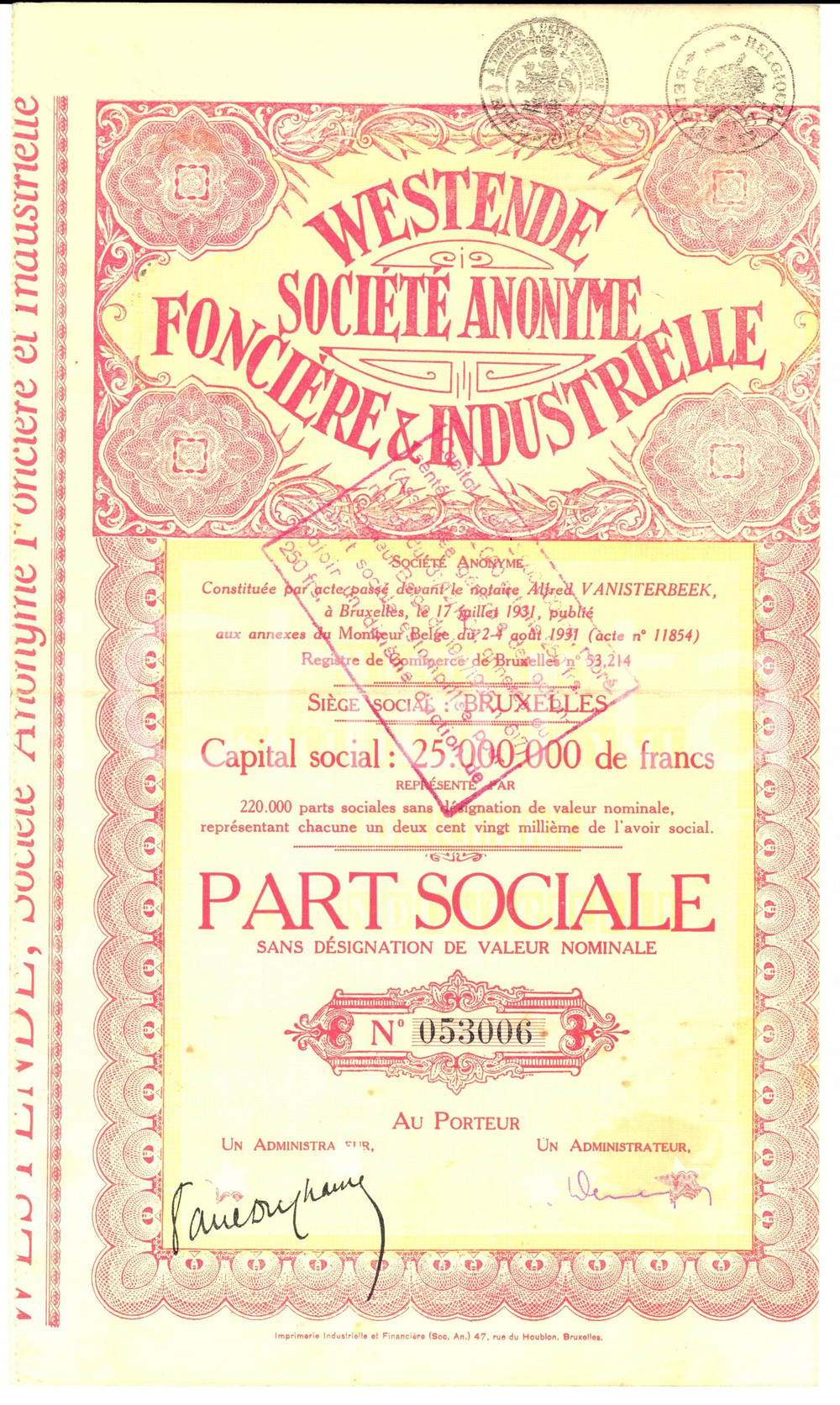 Oggetto da collezione cartaceo 1931 BRUXELLES Azioni WESTENDE SOCIETE ANONYME FONCIERE ET INDUSTRIELLE 1
