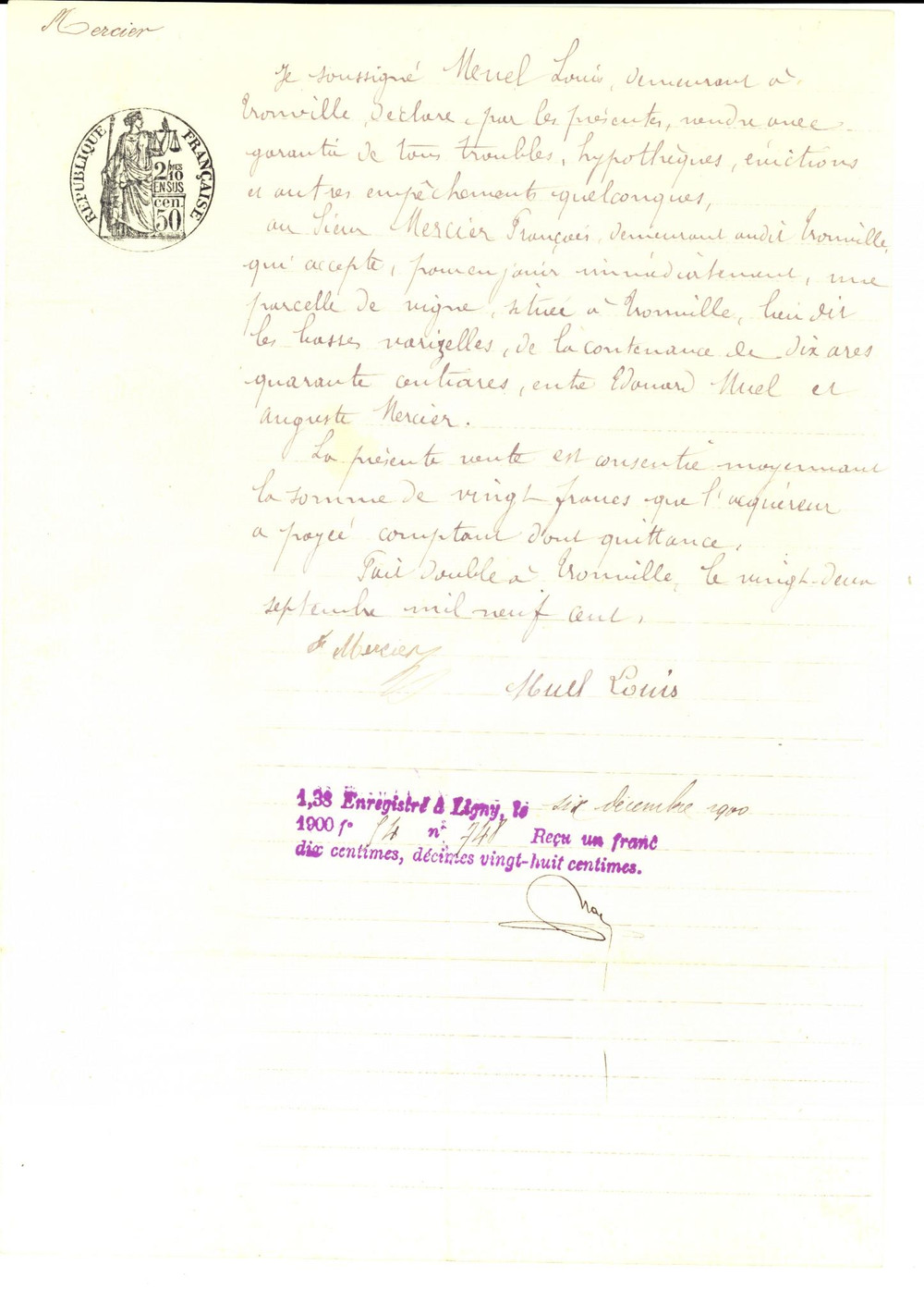 Documento originale, autentico 1900 TRONVILLE F Louis MUEL achÃ¨te vigne LES BASSES VARIZELLES 1