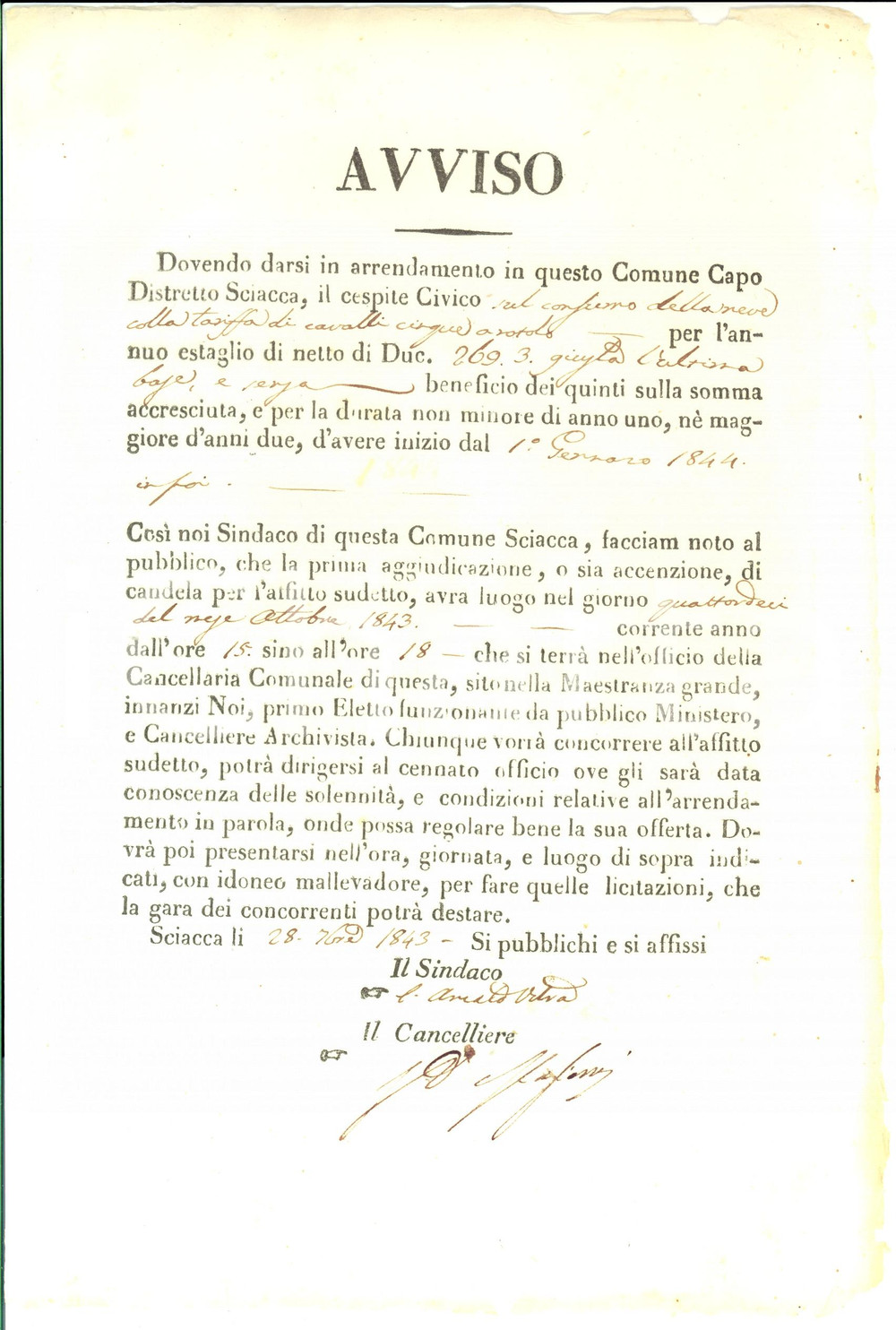Documento originale, autentico 1843 SCIACCA AG Asta su censo per consumo neve Manifesto 20x32 cm 1