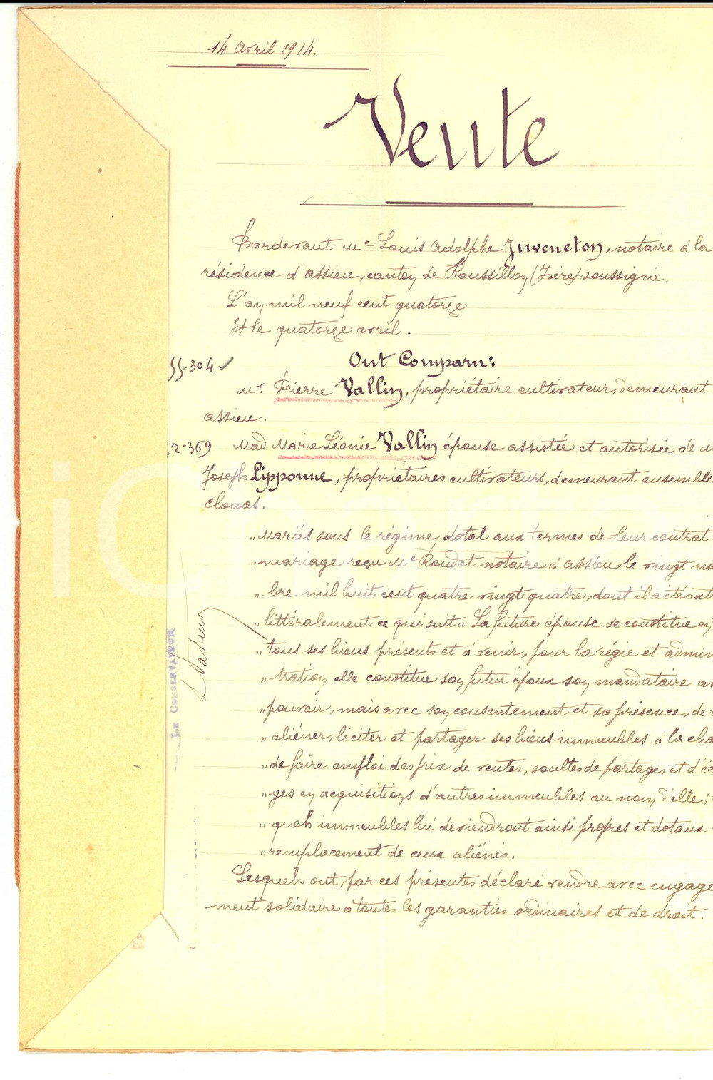 1914 ASSIEU (F) Epoux LIPPONNE- VALLIN vendent terre à Pierre SALANON *Manuscrit