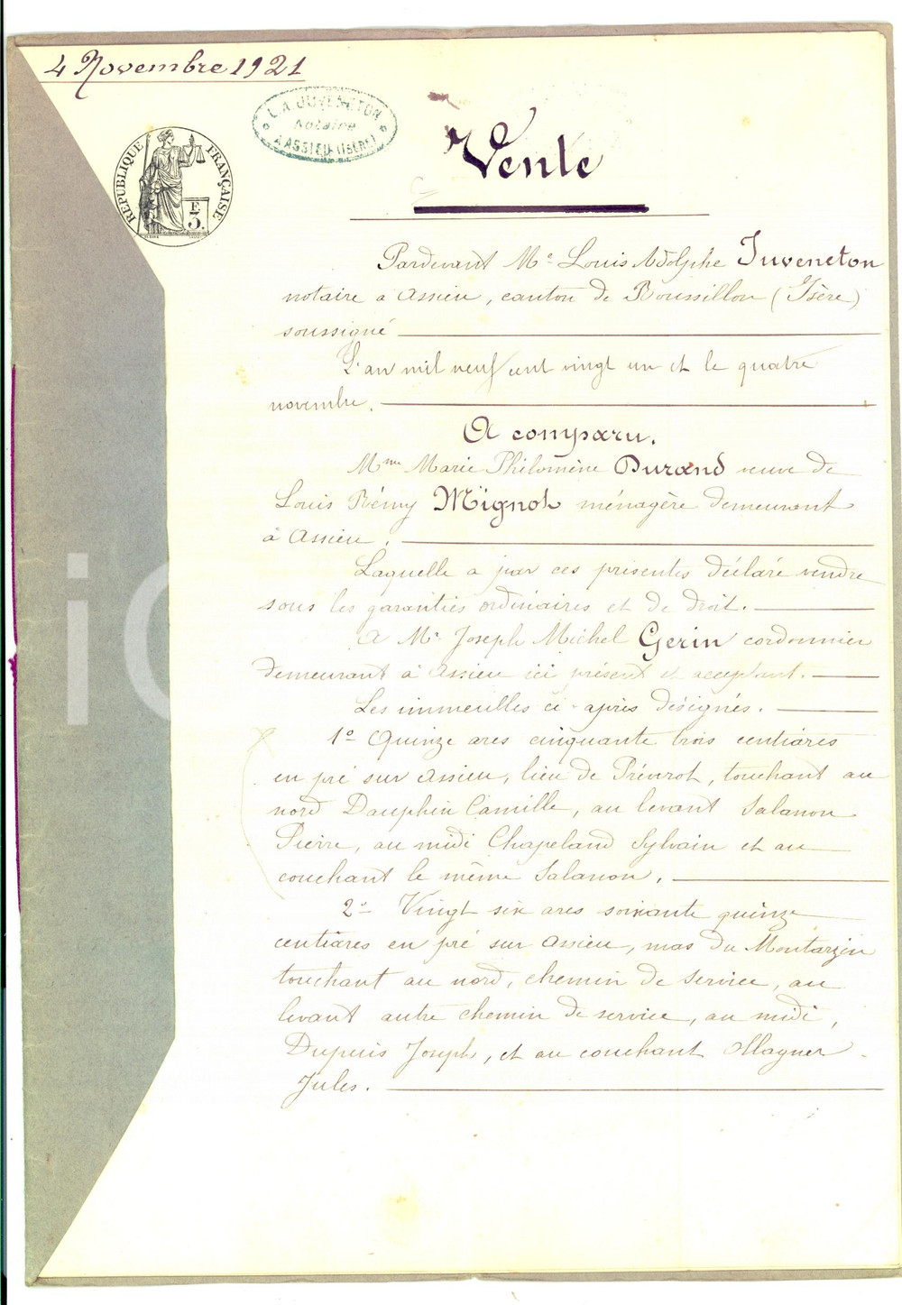 Documento originale, autentico 1921 ASSIEU F Marie Philomène DURAND vend terre à Joseph GERIN Manuscrit 1