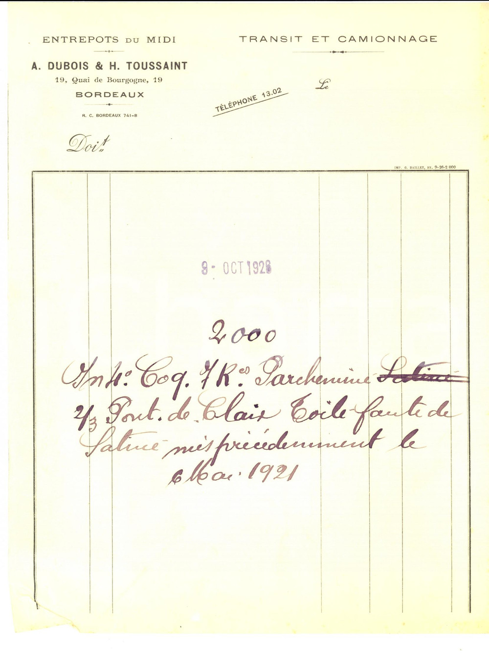 Documento originale, autentico 1926 BORDEAUX F A. DUBOIS & H. TOUSSAINT Entrepots du Midi toile satinÃ© 1