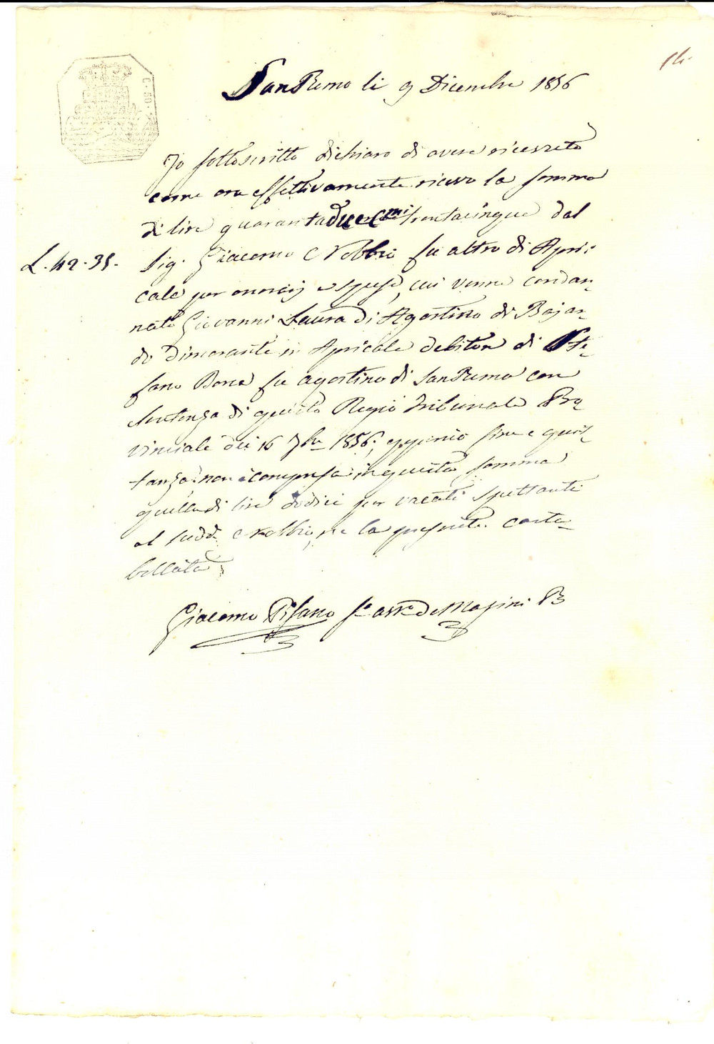 Documento originale, autentico 1856 SANREMO IM Onorari avvocato Giacomo PISANO per lite Giacomo NOBBIO 1