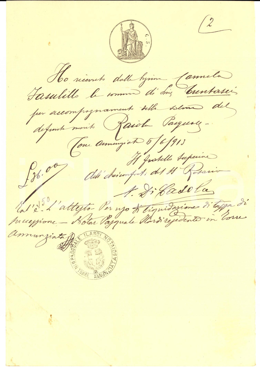 Documento originale, autentico 1913 TORRE ANNUNZIATA Esequie Pasquale RAJOLA Arciconfraternita SS.MO ROSARIO 1